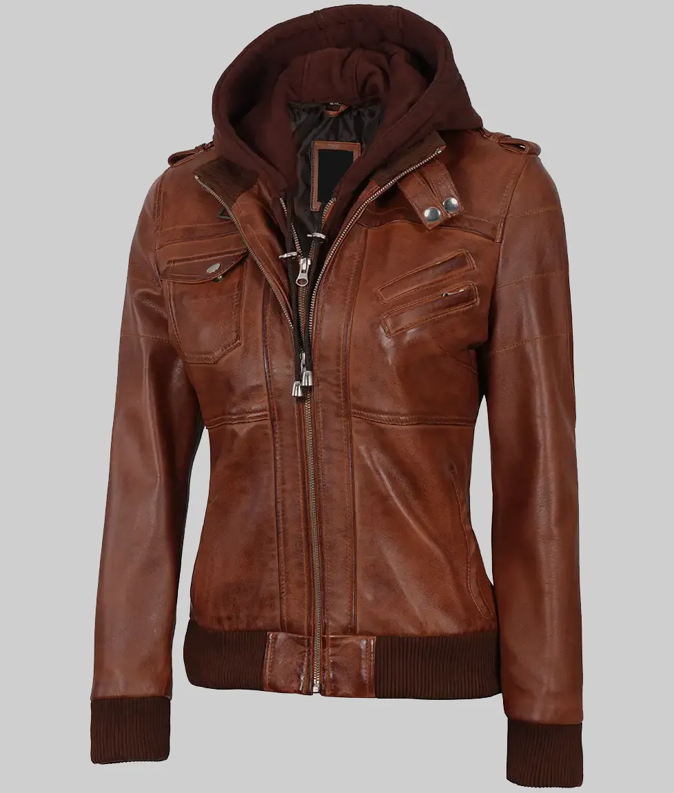 Sabrina Vintage Brown Hooded Bomber Leather Jacket