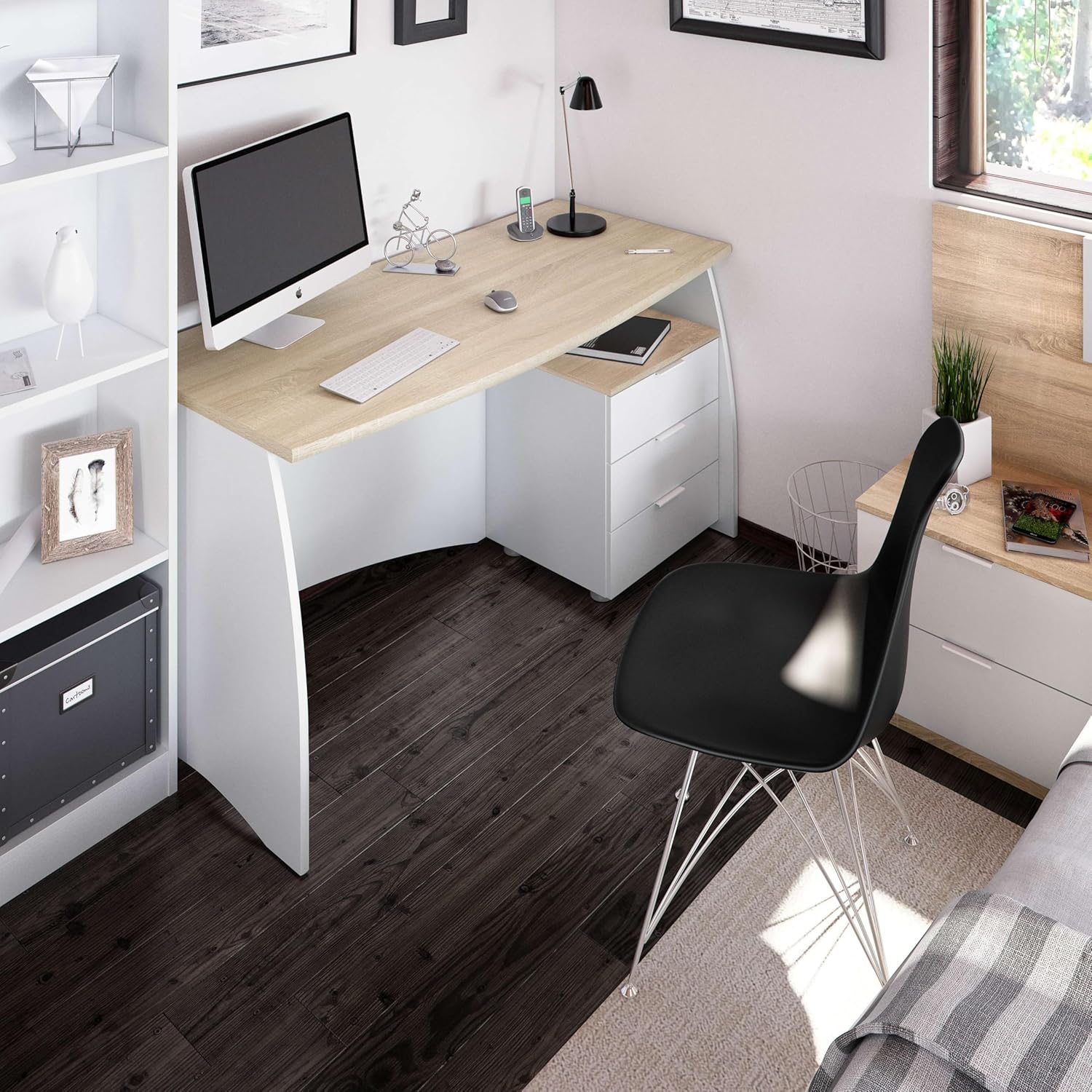 Habitdesign Tavolo da ufficio con 3 cassetti, tavolo da ufficio o studio, moo Stil, finitura in Balnco Artik e Rovere Canadian, dimensioni: 136 cm (larghezza) x 67 cm (fondo) x 74 cm (altezza)