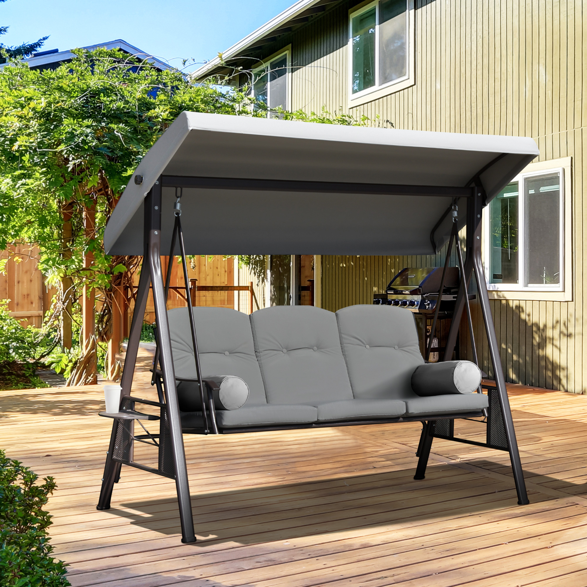 Outsunny Gartenliege für 3 Personen mit verstellbarem Dach, Kissen, Tabletts 116 x 206 x 183 cm Polyester Hellgrau