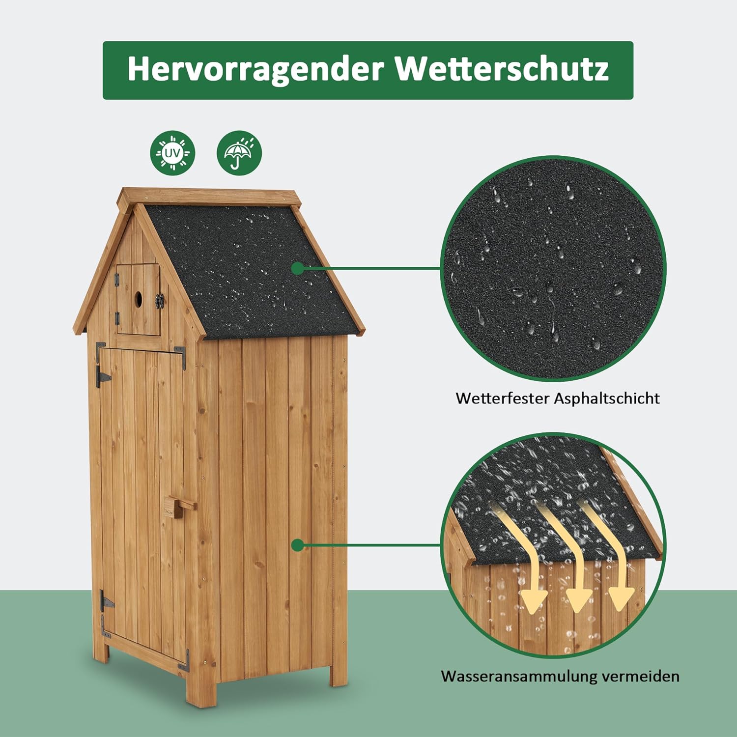 M MCombo Gartenschrank Holz Klein, Outdoor Gartenhaus Gerätehaus Wetterfest, für Balkon & Terrasse, 0733, 77×54×137cm (Natur)