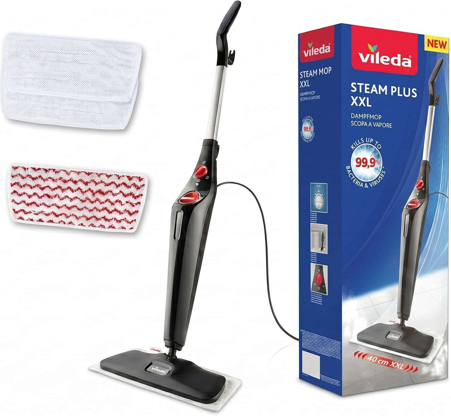Vileda Steam PLUS XXL con Power Pad, lavapavimenti a vapore per grandi superfici, pronta in 15 secondi, senza detergenti, per tutti i pavimenti sigillati e tappeti