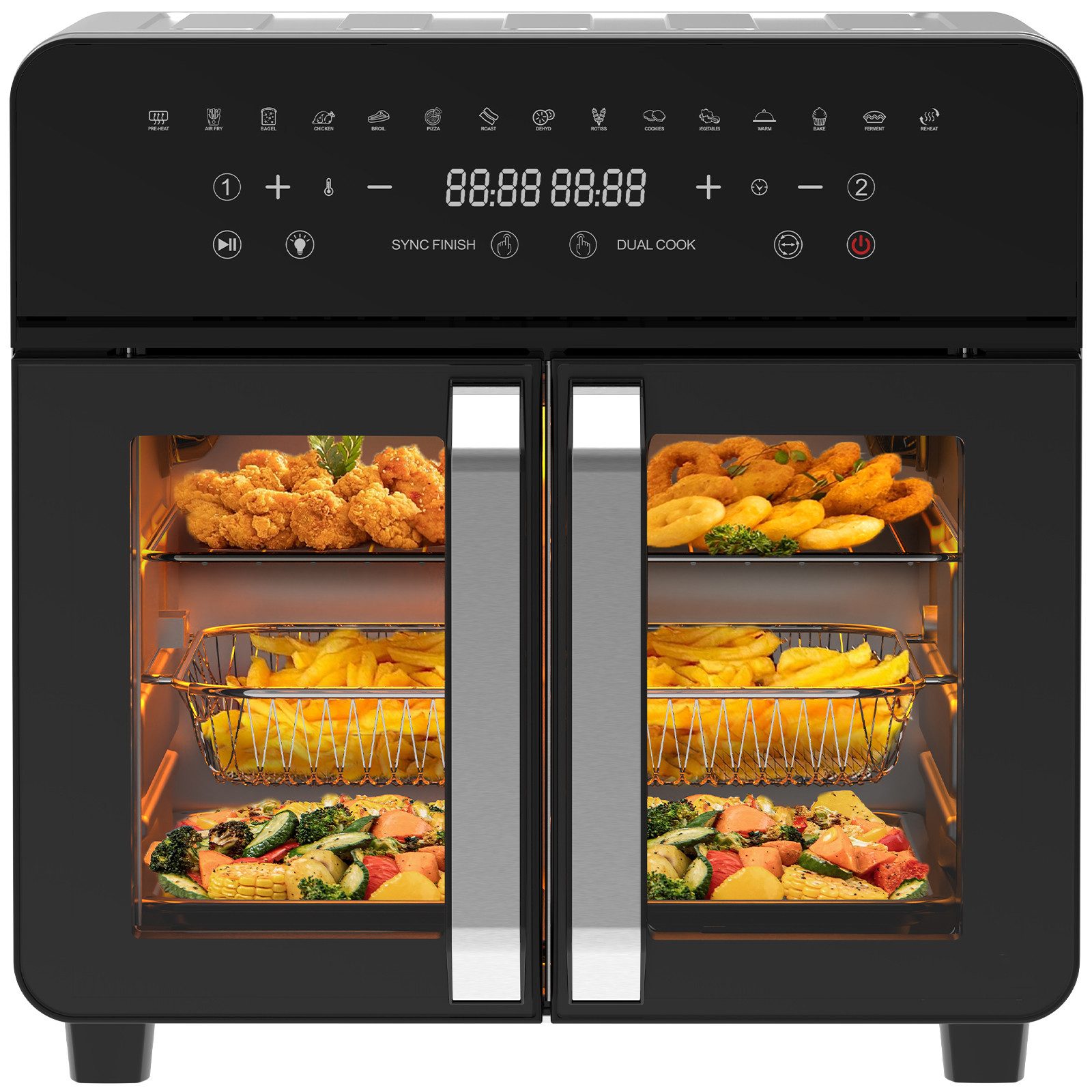 Heißluftfritteuse 23 Liter, XXL Airfryer mit Doppeltür und Sichtfenster, 15 Programme, LED-Touch, 12 Zubehörteile