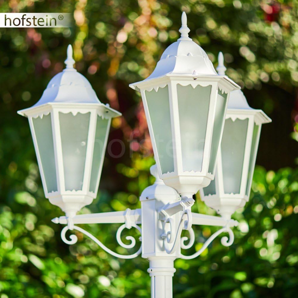 HOFSTEIN Kandelaber Hongkong, Außenwegeleuchte aus Metall/Milchglas in Weiß, Wegebeleuchtung 220 cm, 3 x E27, IP44, Wegeleuchte im Retro/Vintage-Design für Garten, Außenbereich, Hof