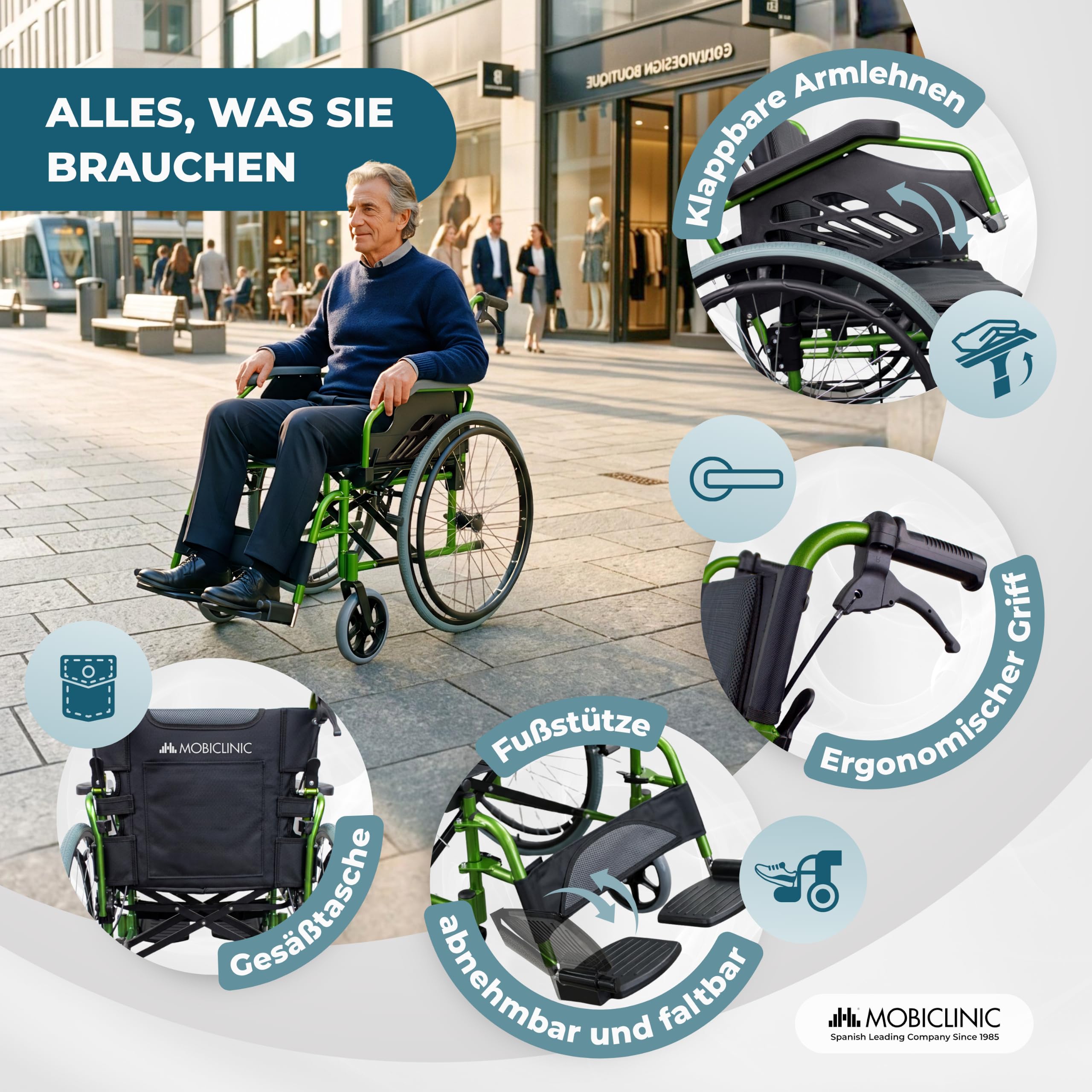 Faltbarer Rollstuhl aus Aluminium, selbstfahrend, mit klappbarer Rückenlehne und Armlehnen, abnehmbaren Fußstützen und doppeltem Bremssystem, bis 110