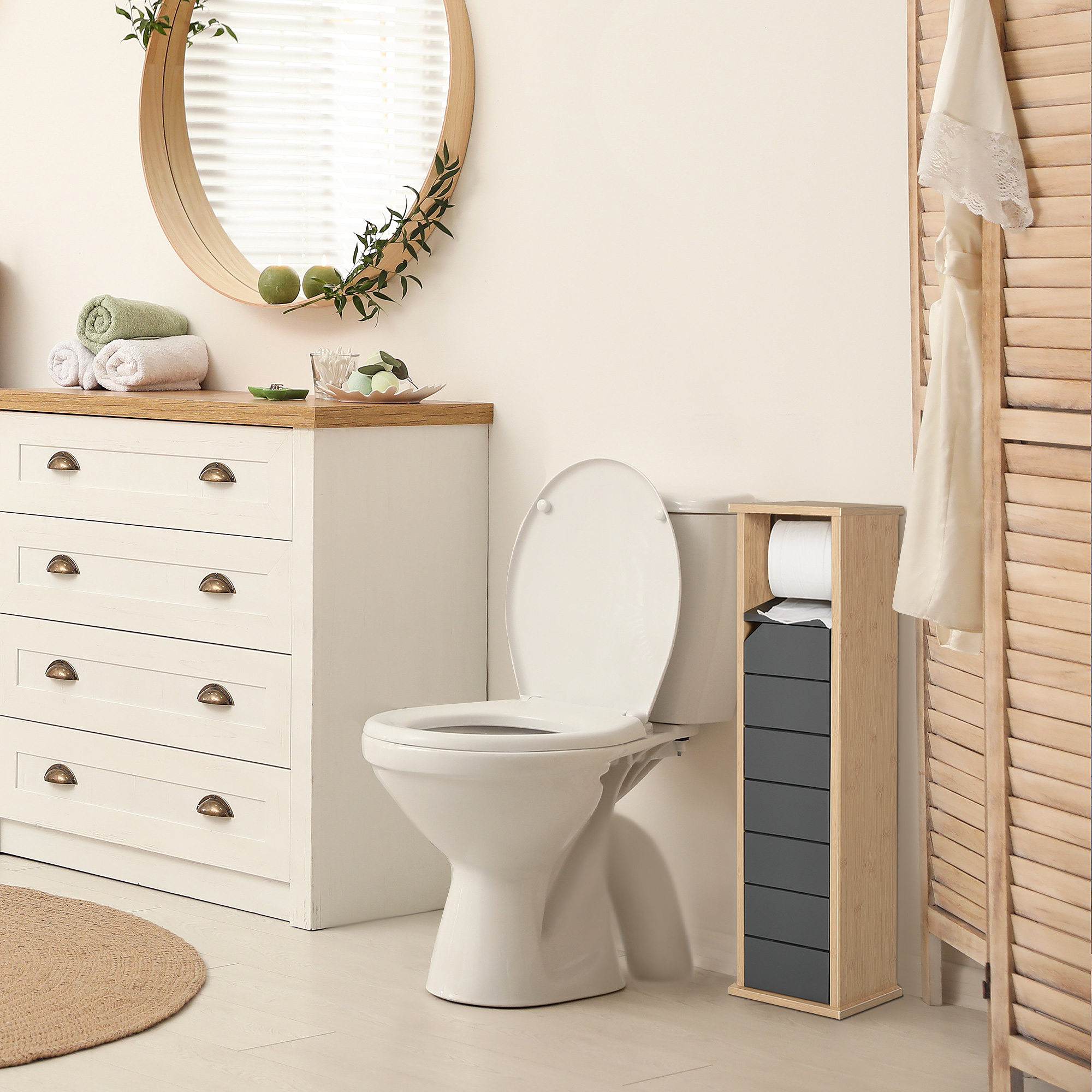 HOMCOM Badezimmerschrank mit höhenverstellbarem Regal Badmöbel mit Tür Toilettenpapier Handtuchhalter versteckter Griff MDF Bambus Braun+Grau 18 x 18 x 75 cm