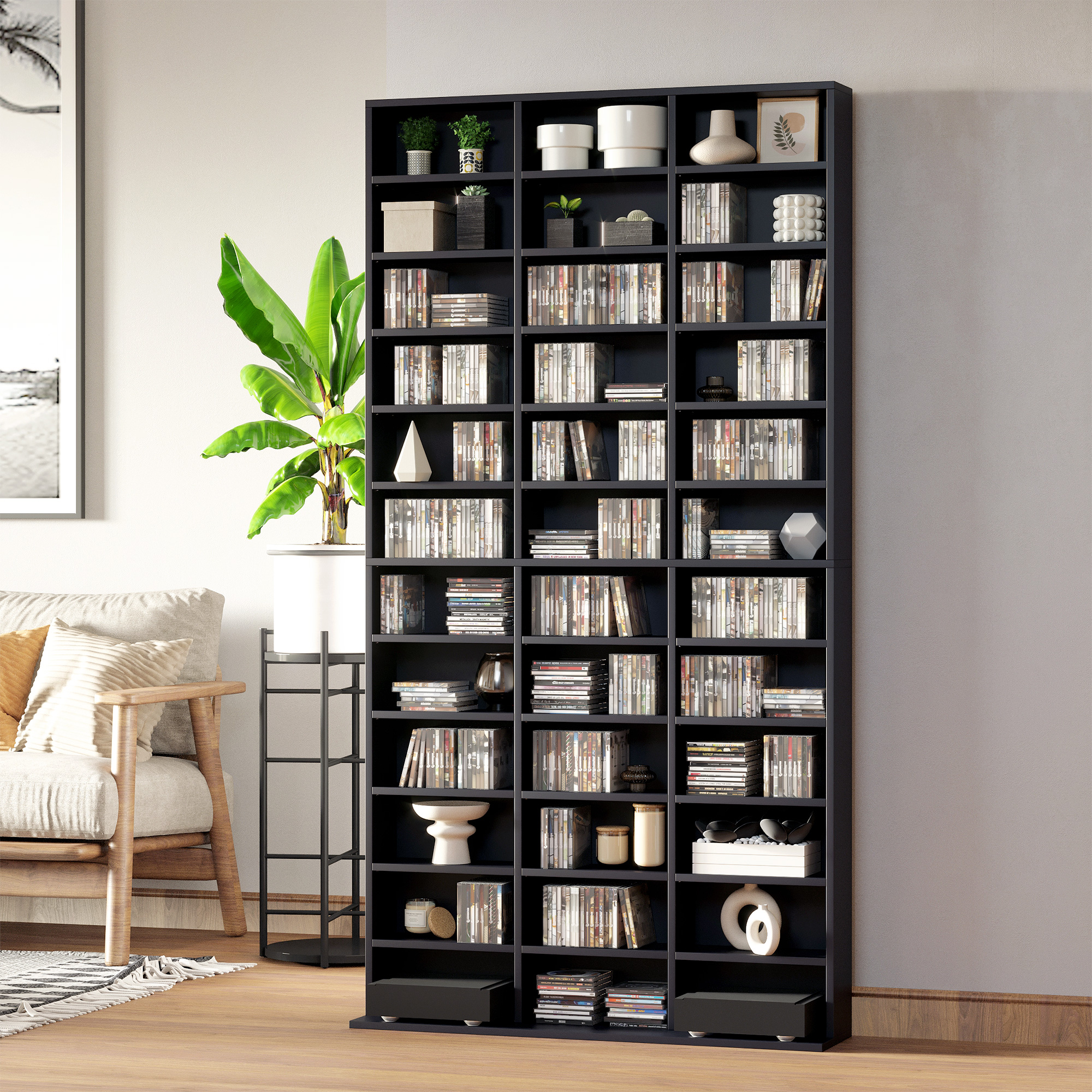 HOMCOM CD-/DVD-Regal Aufbewahrung für 1116 CDs 36 höhenverstellbare Fächer 102 x 24 x 195 cm Schwarz