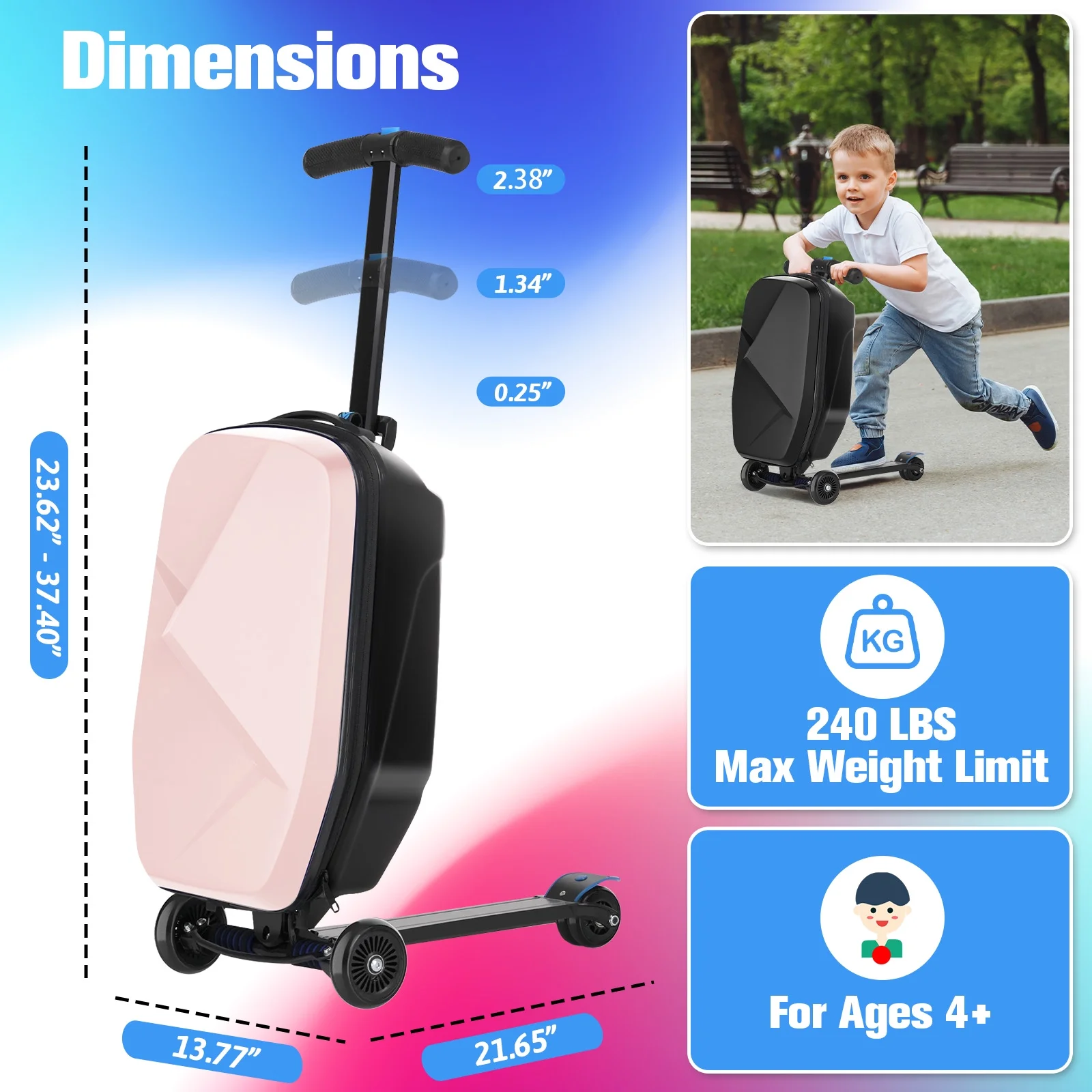 Advwin Scooter Luggage for Kids & Adults, Hardside Ride on Suitcase for Kids Ages 4-15 Multifunctional Lightweight Foldable Carry on Luggage with Wheels Ride on for Children Teenagers, Pink