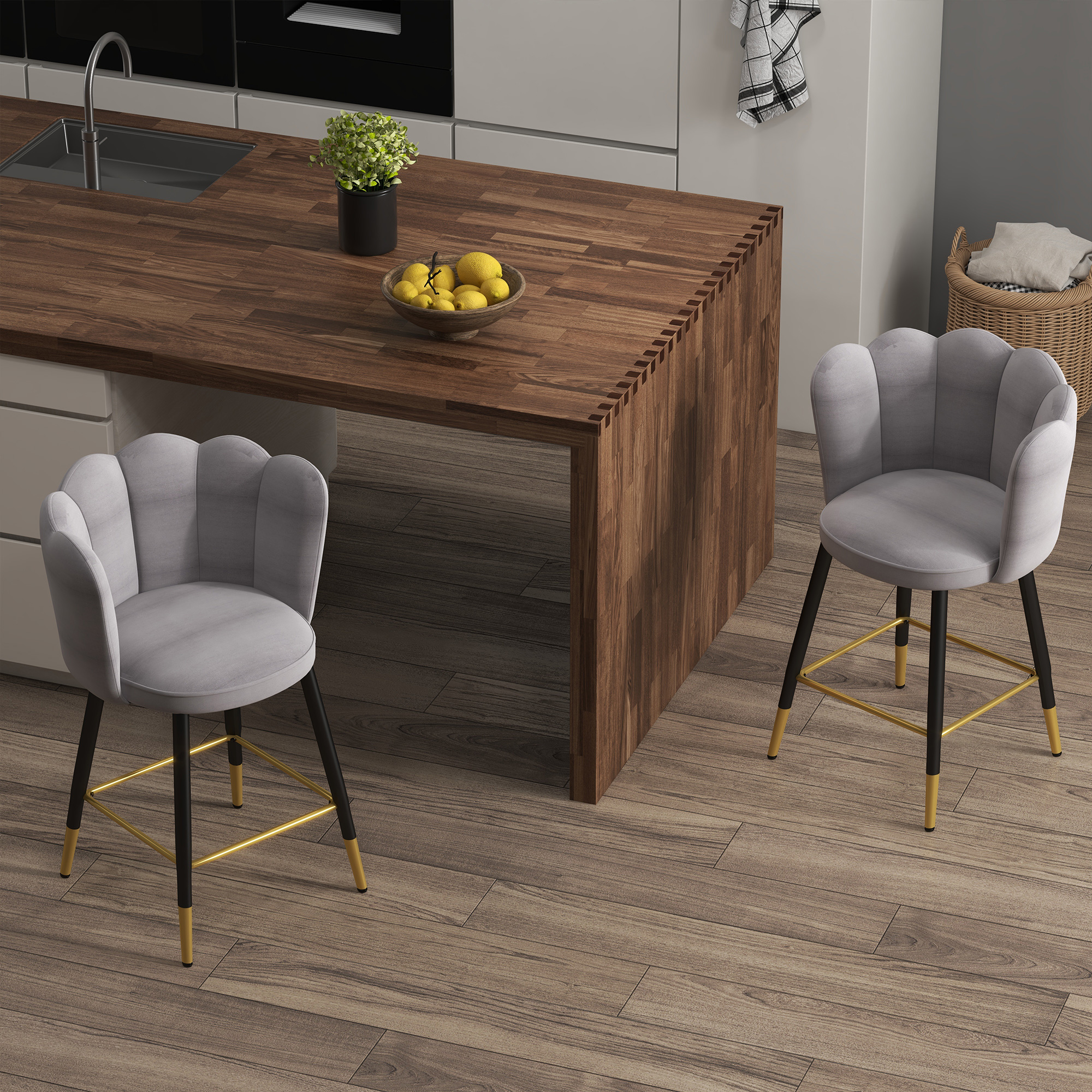 HOMCOM Set mit 2 Samt Barhockern mit Fußstütze und Stahlbasis, 59x52x90cm, Grau