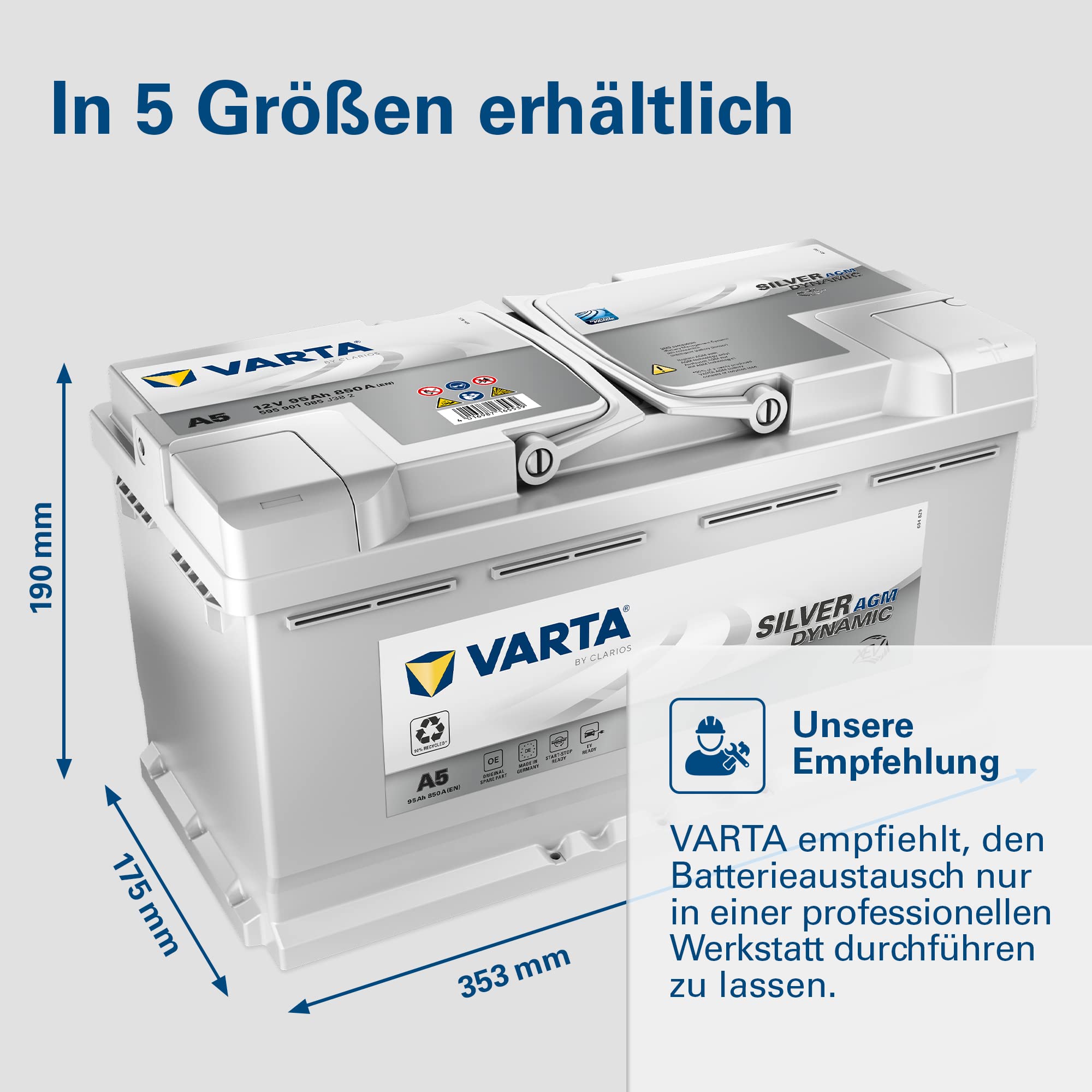 AGM Autobatterie 95Ah 850A 12V 353x175x190mm mit 6 Zellen SAE-Klemme für fahrzeugspezifische Anwendungen