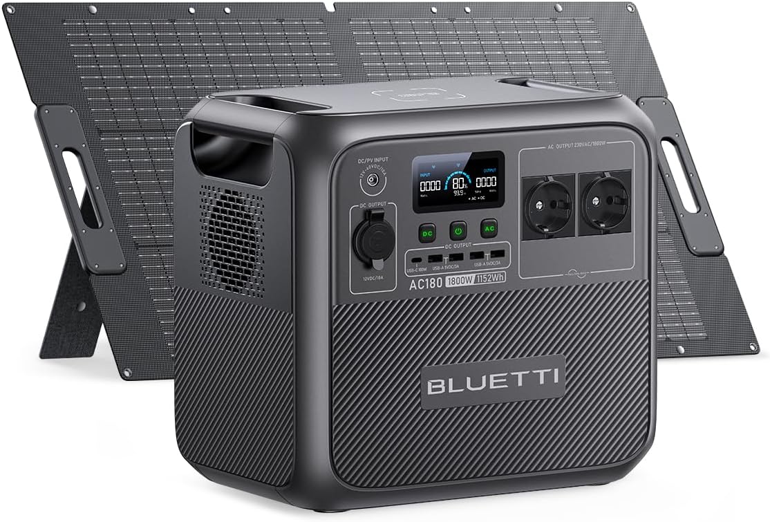 BLUETTI Generatore AC180 con Pannello Solare 200W, Batteria LiFePO4 1152Wh con 2 Uscite AC 1800W (2700W Picco), Generatore Solare Portatile per Campeggio, Viaggio, Interruzione di Corrente