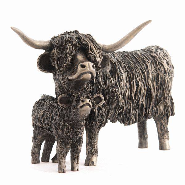Highland Cow & Calf Bronze Sculpture