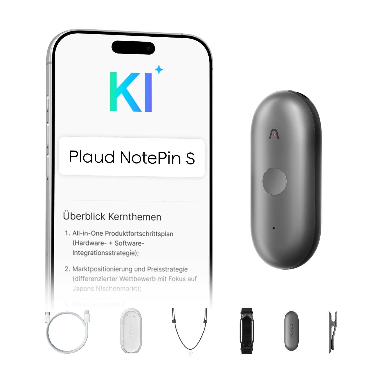 Plaud NotePin S KI Diktiergerät mit Aufnahmetaste 4 Zubehörteile grau für Meetings Interviews Notizen