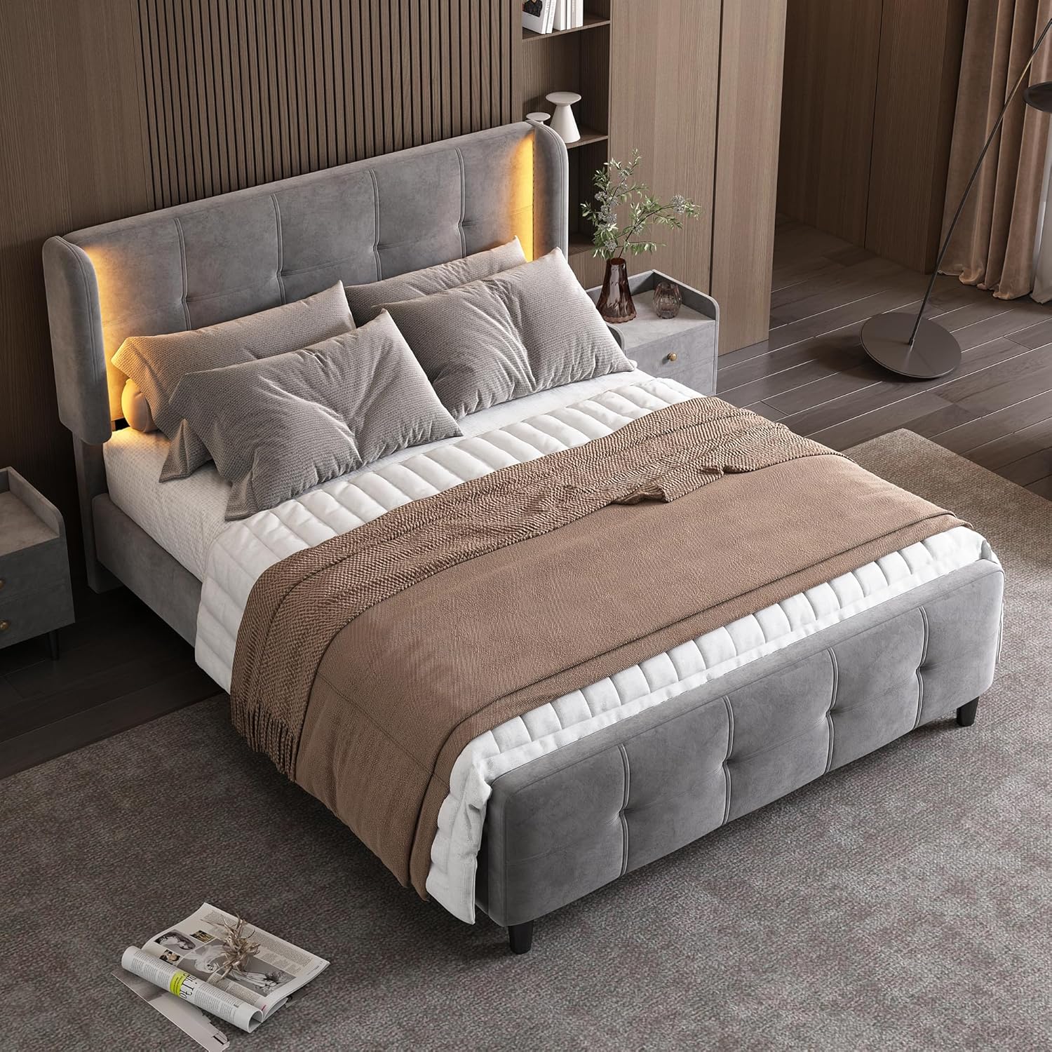 Soweiz Modern Padded Full Bedroom Set 1 Bedside Table + Stool Double Bed Side Ears Bedside Table Velvet Grey (140 x 200cm)