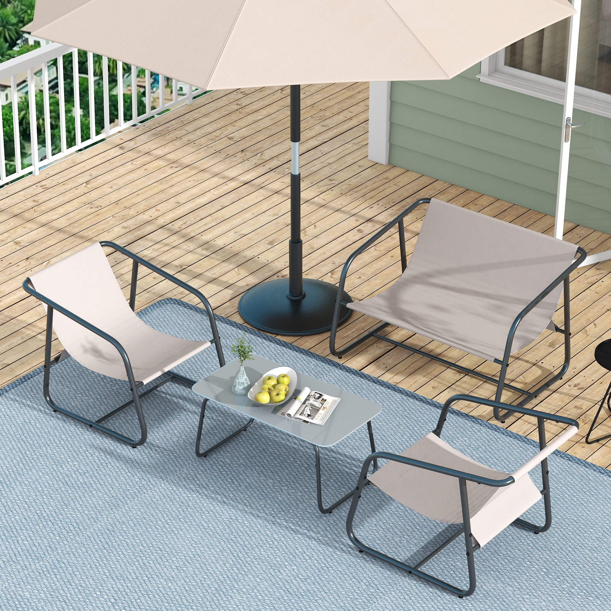 Outsunny 4-teilige Gartenmöbel-Set Gartensitzgruppe Loungemöbel, 1 Sofa, 2 Sessel, 1 Tisch, 110 x 70 x 70 cm, Cremeweiß + Schwarz