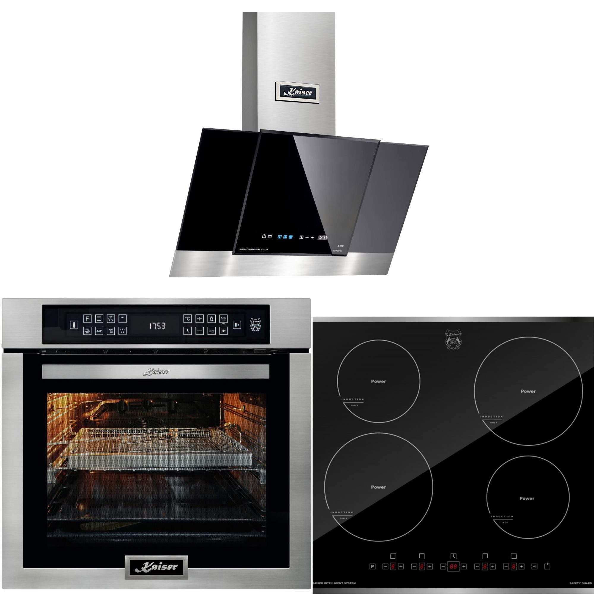 Backofen-Set Herd Set Autark Elektrobackofen,Edelstahl,86 L 15 Fkt., LED-Display mit Induktionskochfeld 60 cm, Autark,Facettenschliff, Kochfeld 4xQickHeat Kochzonen+Dunstabzugshaube 60 cm, 910 m³/h, TouchControl EH 6306 N R+ KCT 6105 FI+AT 6438 F