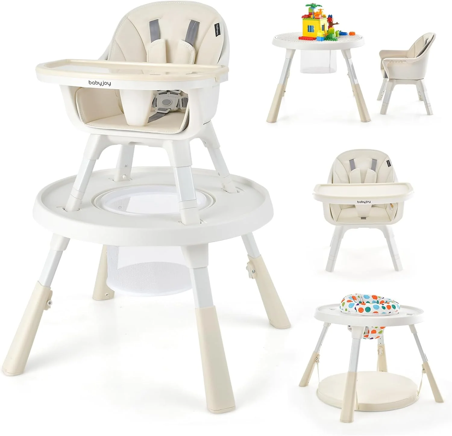 6 in 1 Seggiolone per Bambini, Seggiolone con Altezza Regolabile con Vassoio a 2 Livelli e Cesta, Centro Attività per Bambini, Set Tavolo e Sedia con Mattoncini per Bambini (beige)