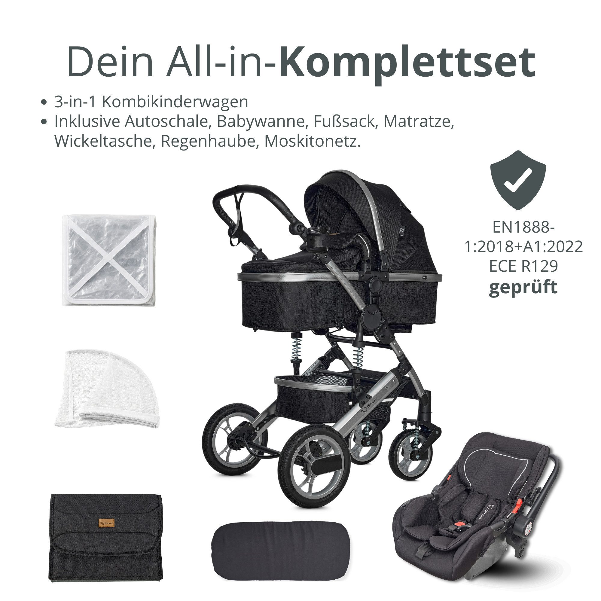 Kombi-Kinderwagen EXQUISE 2.0 Kinderwagen 3-in-1 SCHWARZ/SILBER BUGGY, AUTO-BABYSCHALE