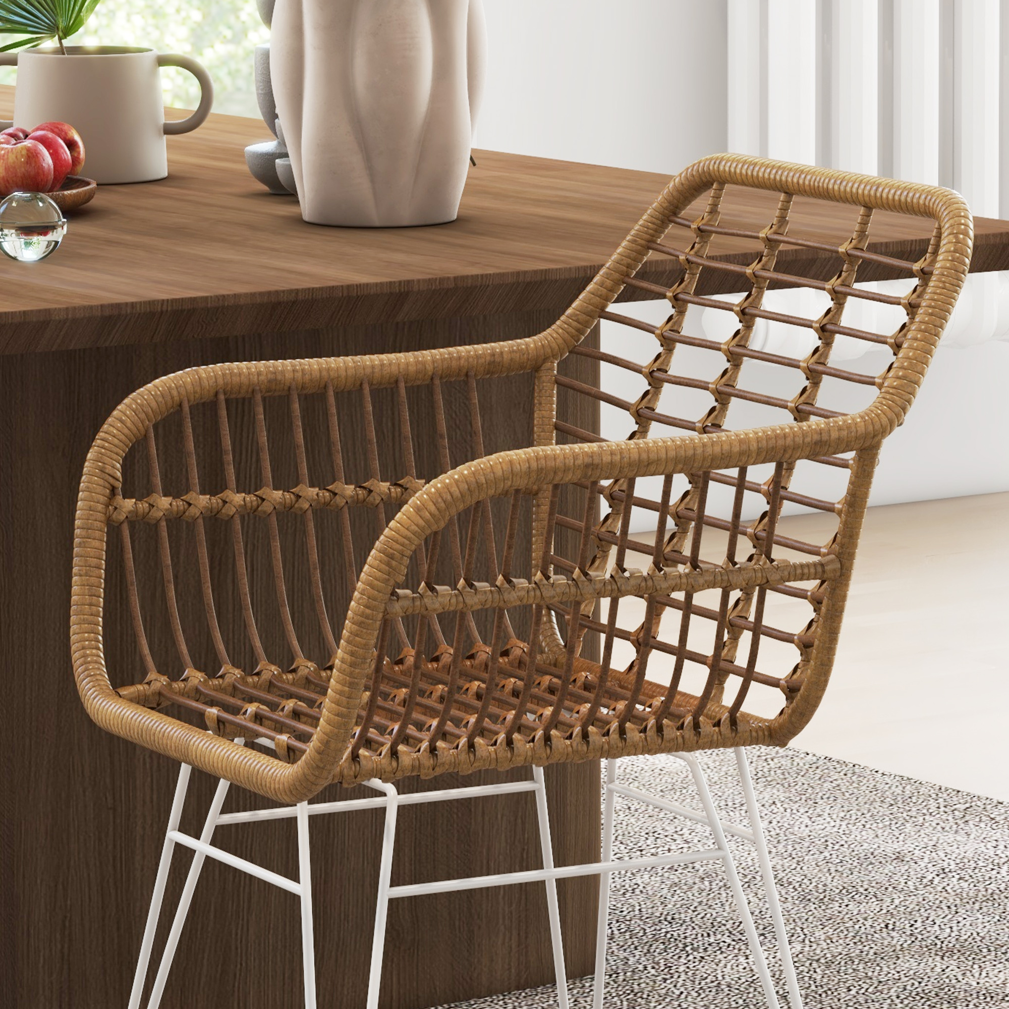 2-delige set stoelen in Boho-stijl, keukenstoelen, PE-Rattan, 56 x 60 x 79 cm, Natuur + Wit