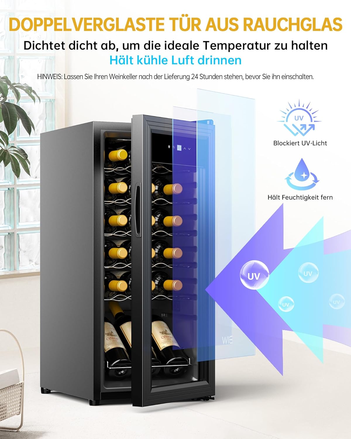 WIE Wine Fridge Compressor 53 Litres 18 Bottles Drinks Fridge Small Wine Cabinet Small Wine Fridge with Glass Door, Full Glass Design Door with LED Touch Panel, Anti-UV, Wine Fridge 5-18°C
