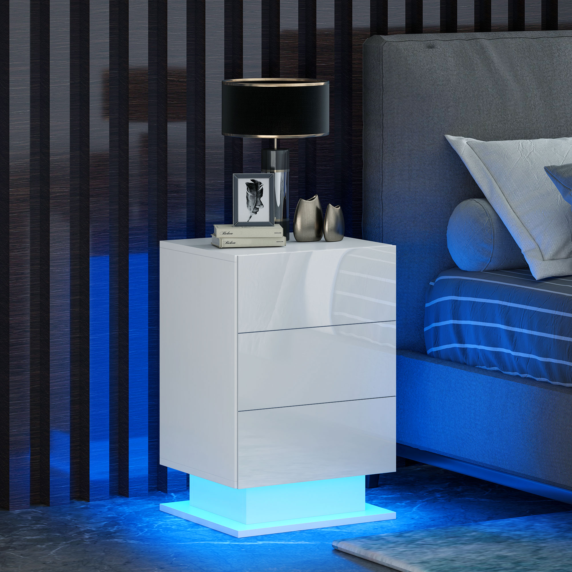 HOMCOM Moderner Nachttisch mit Einstellbarer LED-Licht und Fernbedienung, 40x35x60 cm, Glänzendes Weiß