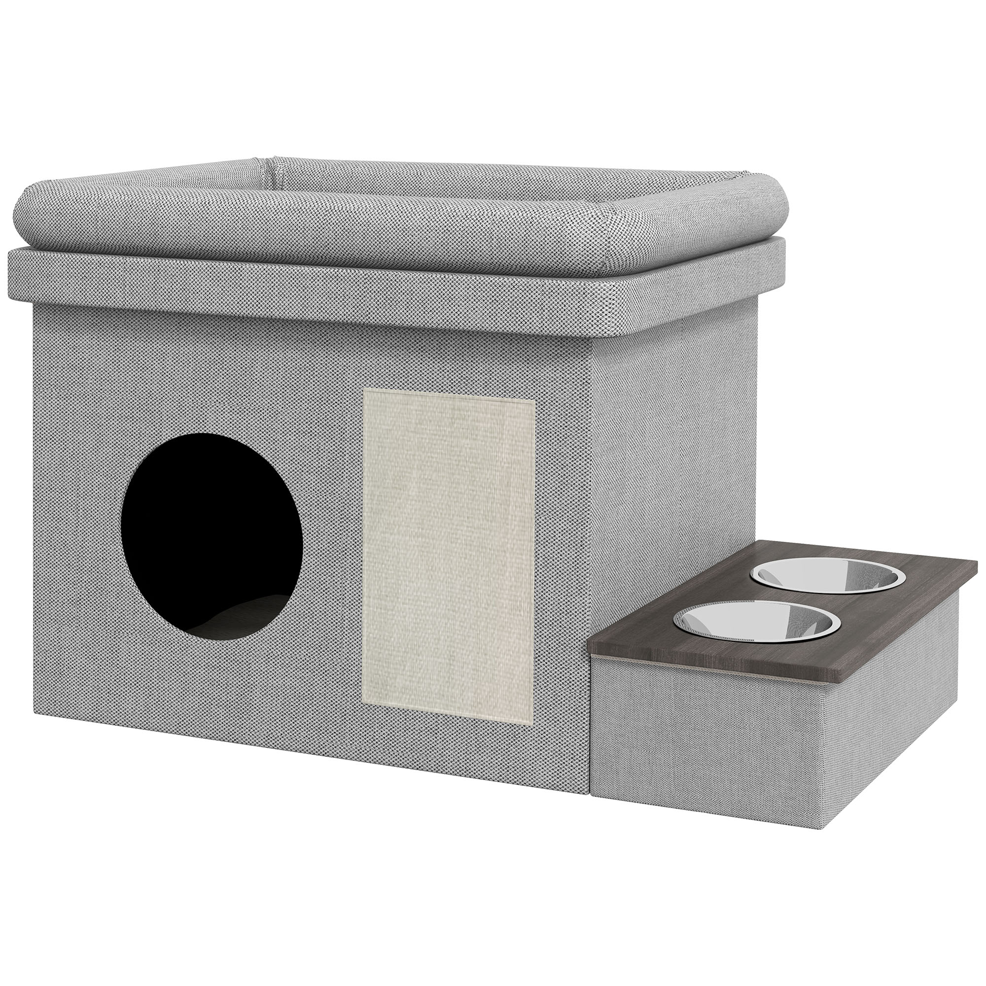 PawHut Katzenhaus, Futterplatz mit 2 Edelstahlnäpfen, Kratzmatte, weiches Liegekissen, 78 x 48 x 49,5 cm, grau