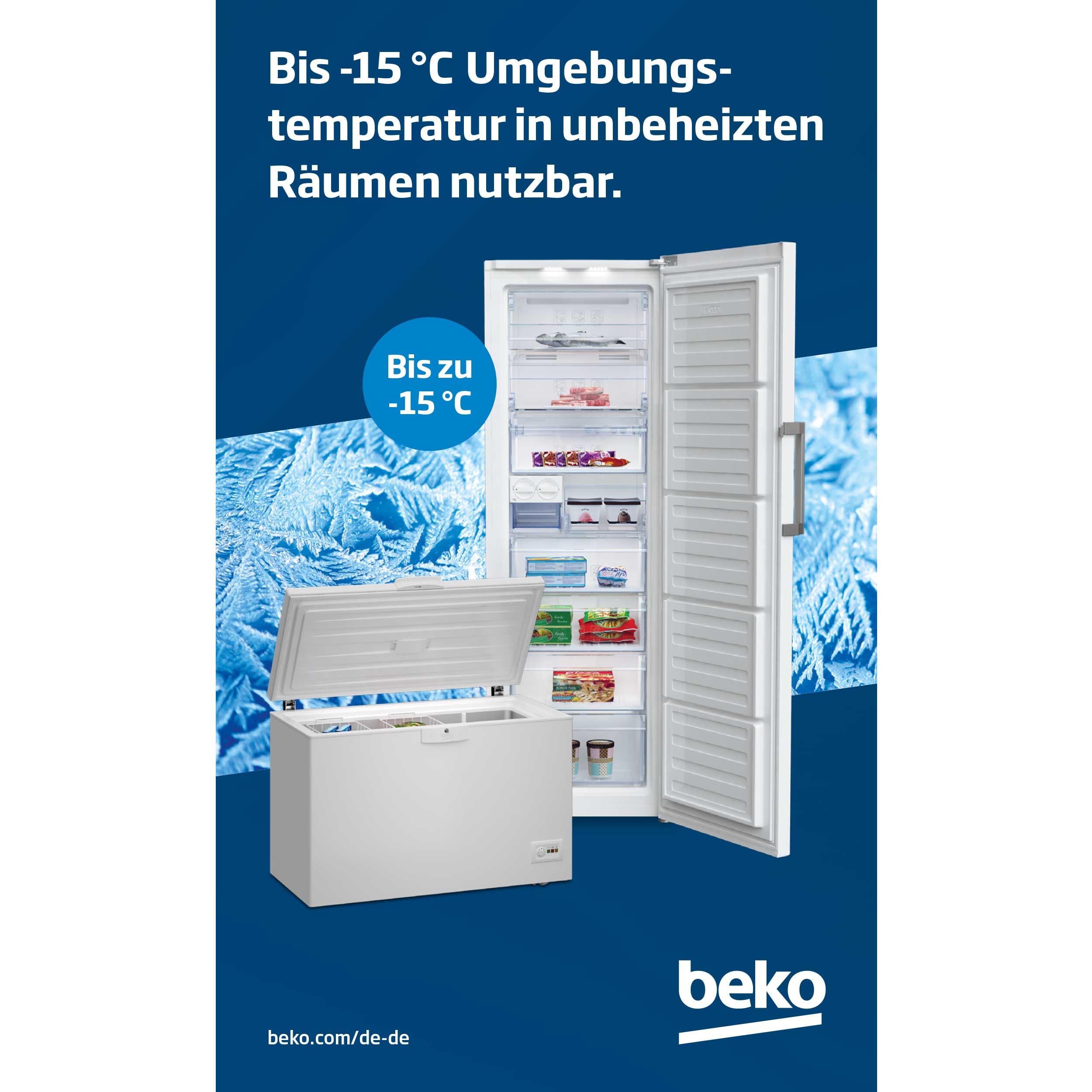 Gefrierschrank 404 l No Frost mit Schnellgefrierfunktion und Multifunktionsdisplay, 6 Schubladen und 2 Fächer, 36 dB, für unbeheizte Räume, Weiß