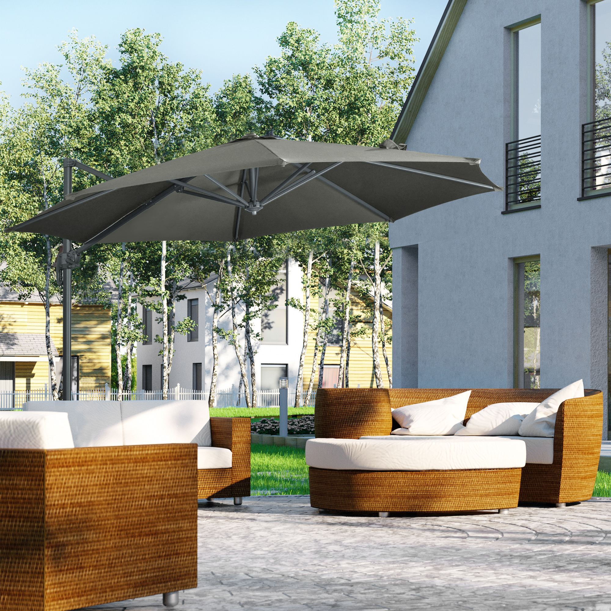 Outsunny Ampelschirm Sonnenschirm Gartenschirm , inkl. Kreuzfuß, wetterbeständig, 294 cm x 248 cm, Grau