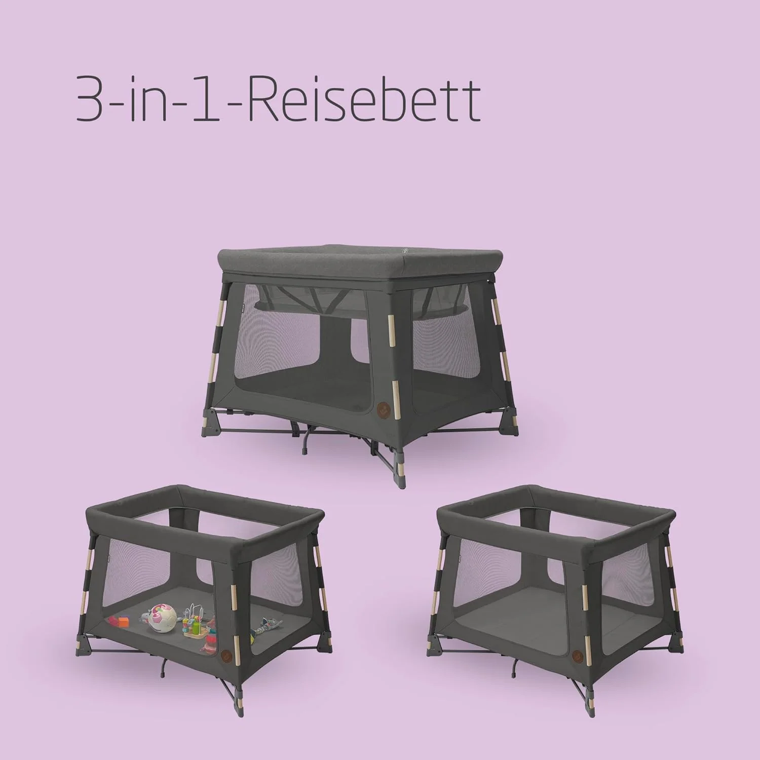Maxi-Cosi Swift 3-in-1 reiswieg baby, wieg, 0-3,5 jaar, tot 15 kg, in hoogte verstelbare reiswieg, 2-in-1 matras, ultralicht, in 1 seconde inklapbaar, reistas, Eco Care, Beyond Grey