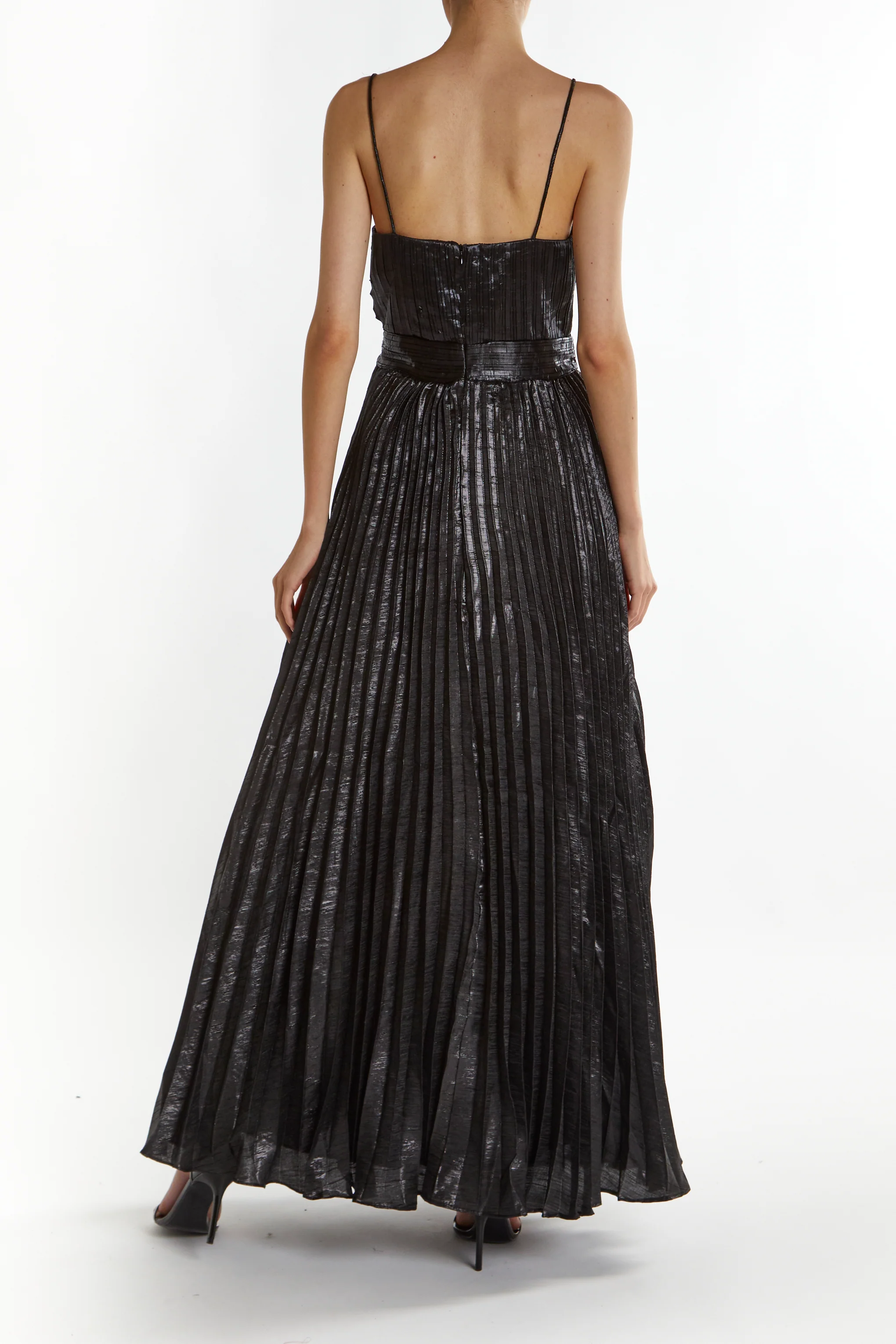 Kate Black-Crinkle Pleated Strappy Maxi Dress