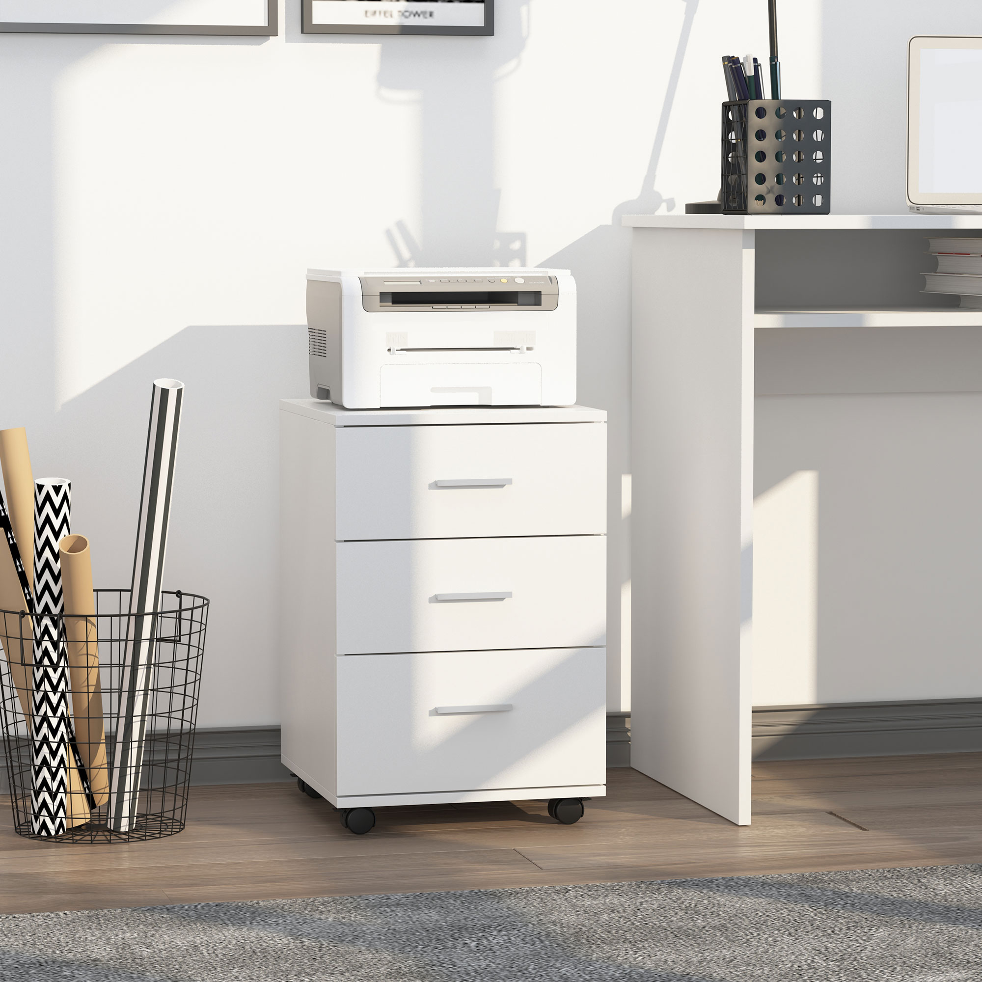 HOMCOM Bürocontainer Büroaufbewahrung auf Rollen 3 abschließbare Schubladen 40 x 40 x 61,5 cm Weiß