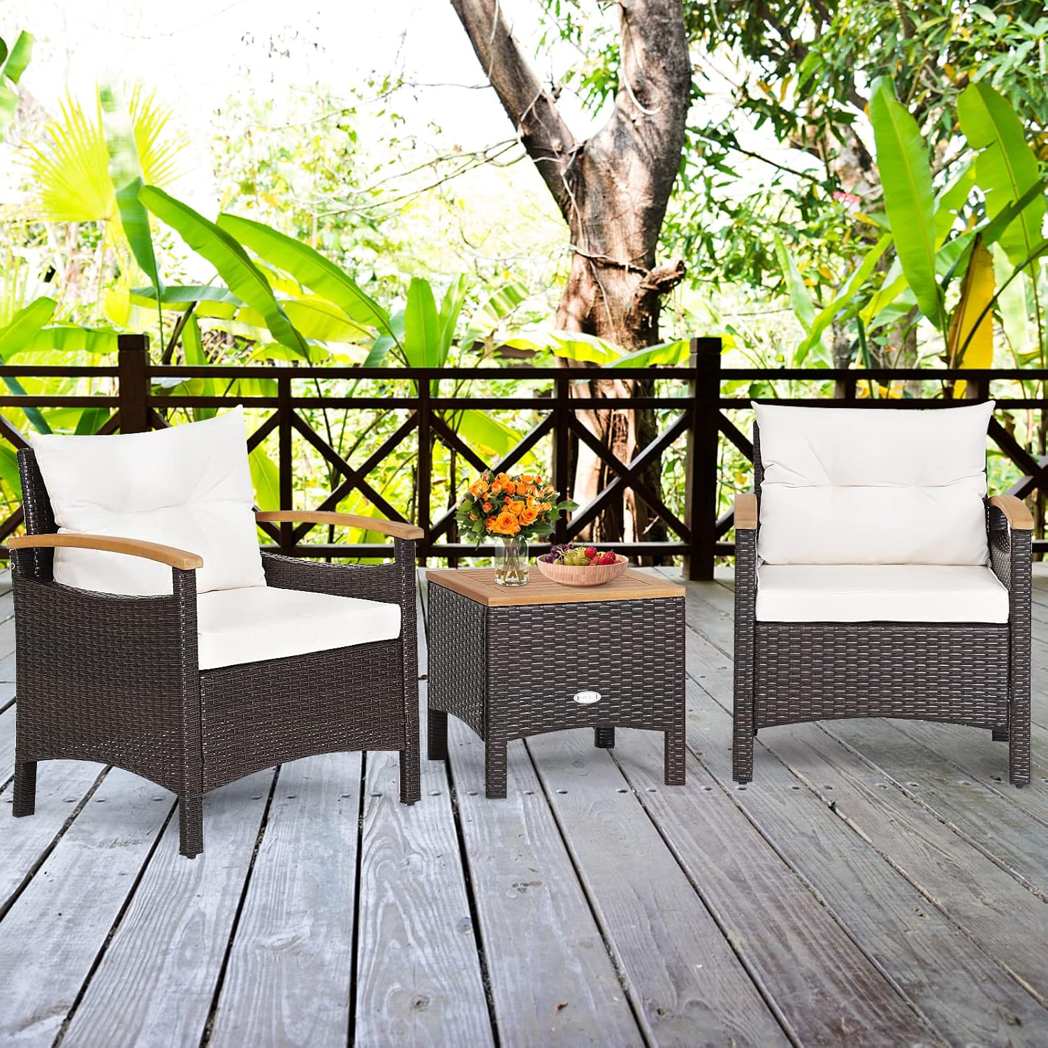 GIANTEX 3 Piece Furniture Set, Outdoor Rattan Bistro Set with Coffee Table, Soft Cushions, Acacia Wood Conversation Set for Patio, Backyard, Poolside, Off White