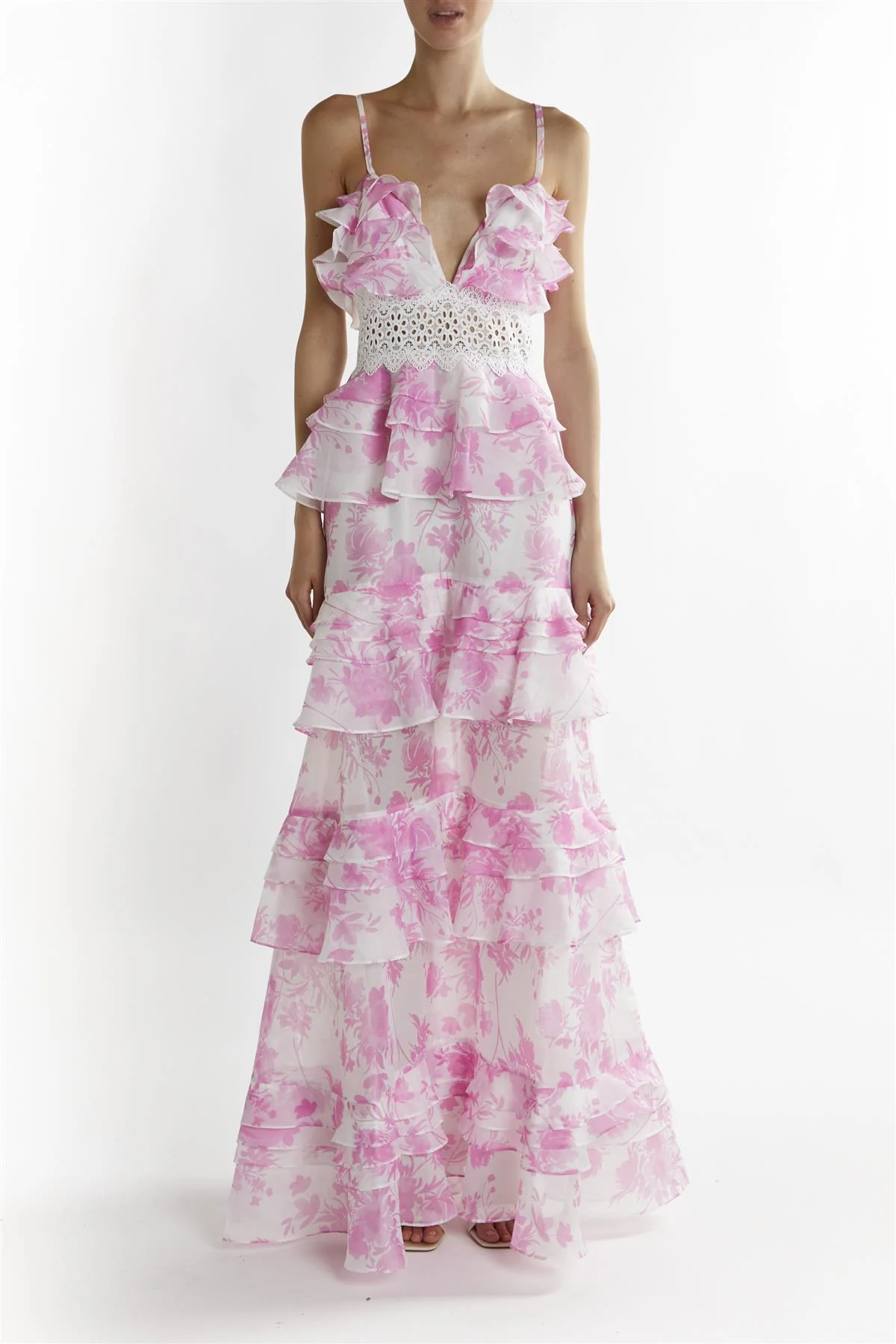 Mila Candy Pink Floral V-Neck Layered Ruffle Strappy Maxi Dress