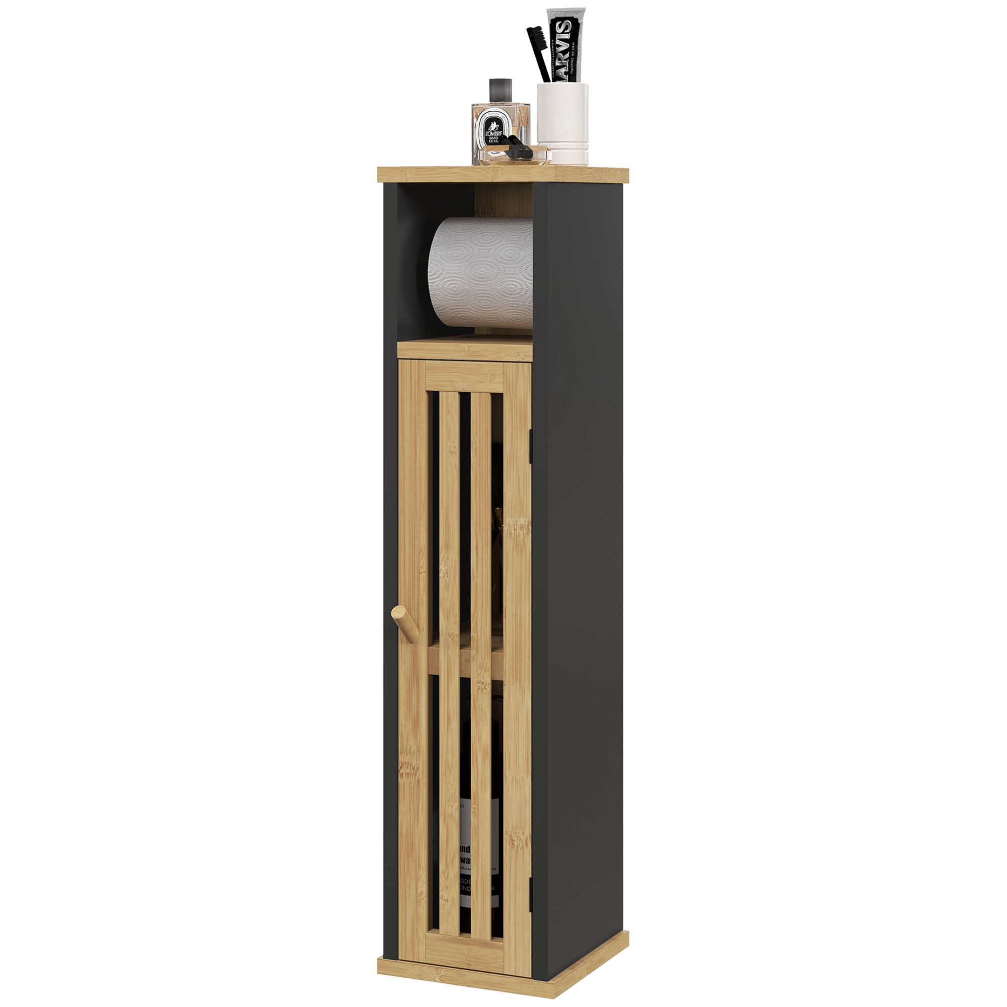 HOMCOM Badezimmerschrank mit Toilettenpapierhalter Aufbewahrung mit abnehmbarer Stange 2 Ebenen + Toilettenpapierauslass MDF Bambus