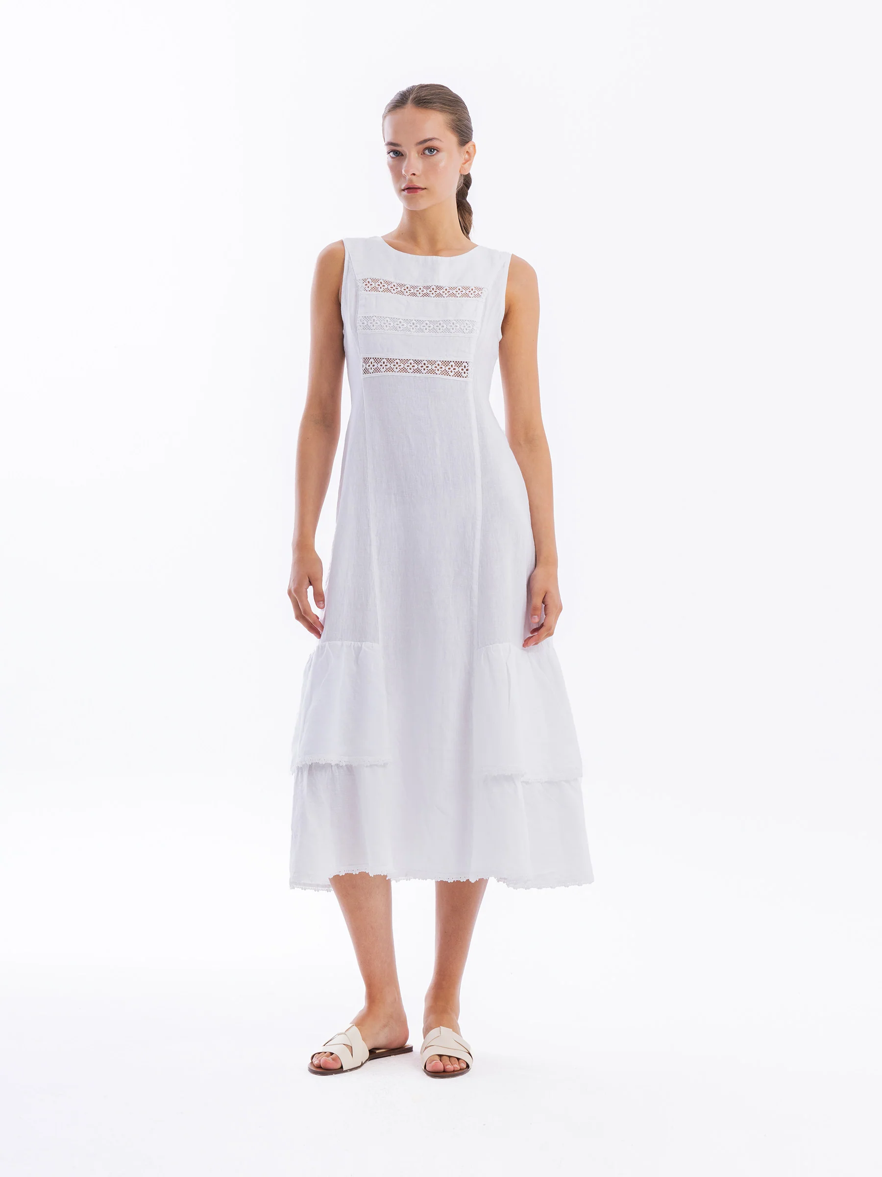 Linen Maxi Sleeveless Dress with Lace Trim & Ruffles �� Haris Cotton
