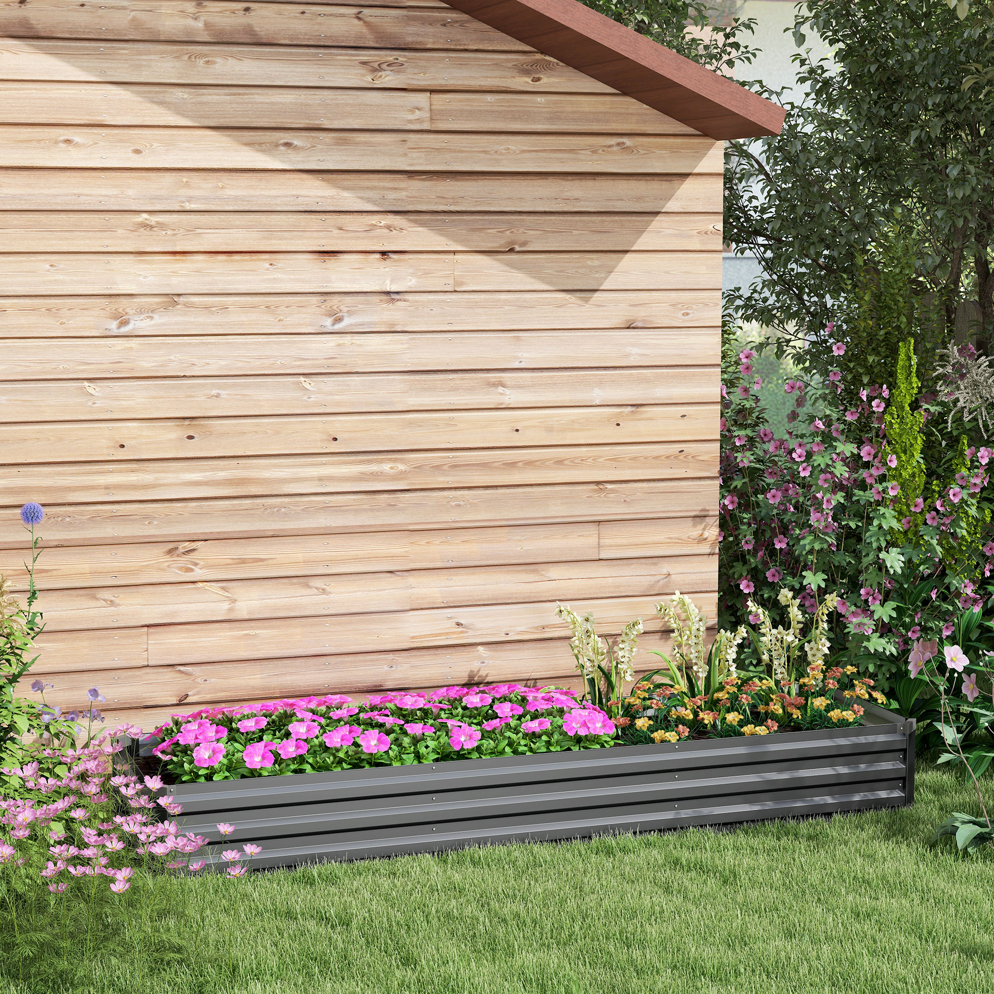 Outsunny Rechteckiges Hochbeet, erhöhtes Gartenbeet aus verzinktem Stahl, offener Boden, 240 x 60 x 30 cm, Dunkelgrau