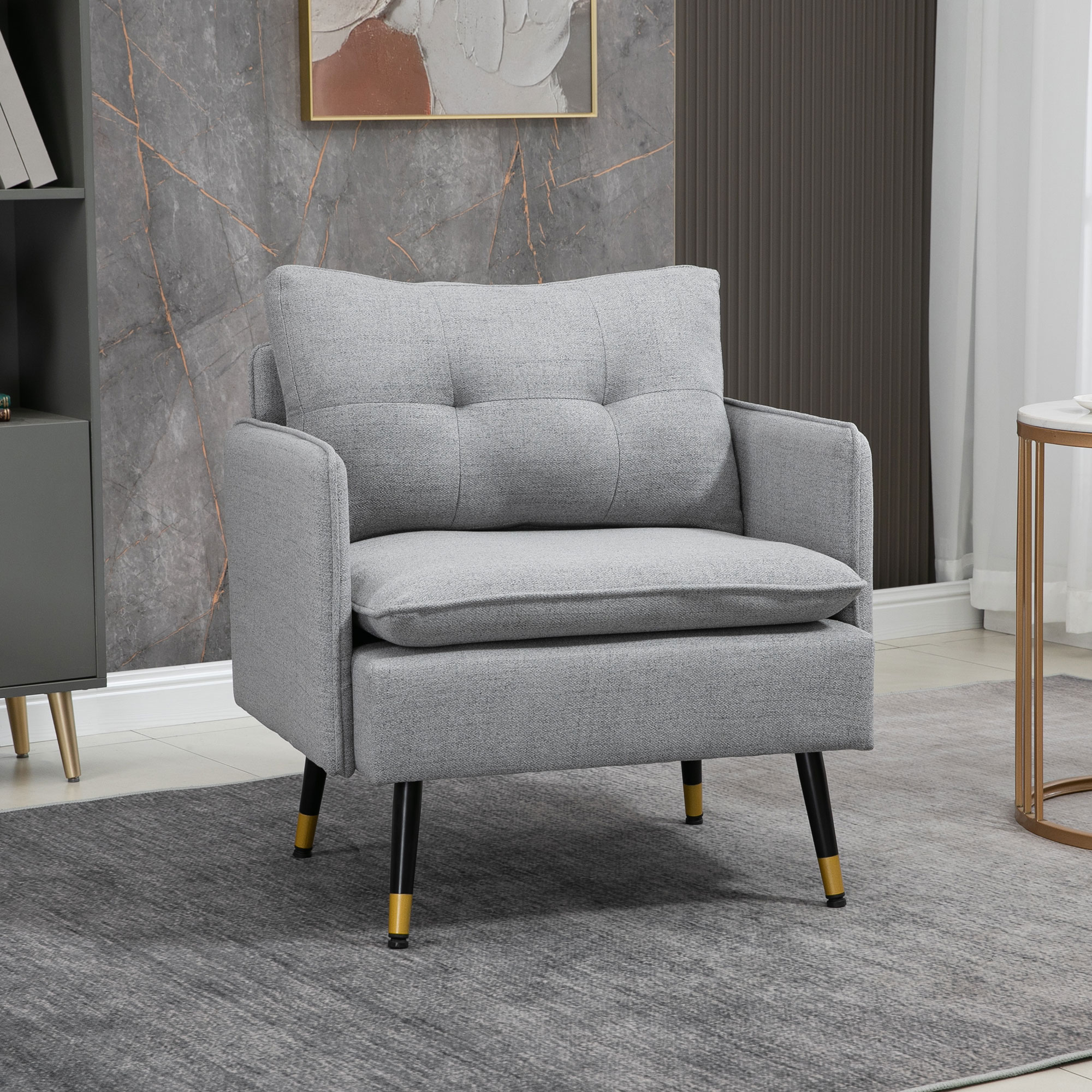 HOMCOM Akzentsessel mit Knopfheftung, Polstersessel, abnehmbare Polster, Schwarz + Gold + Grau