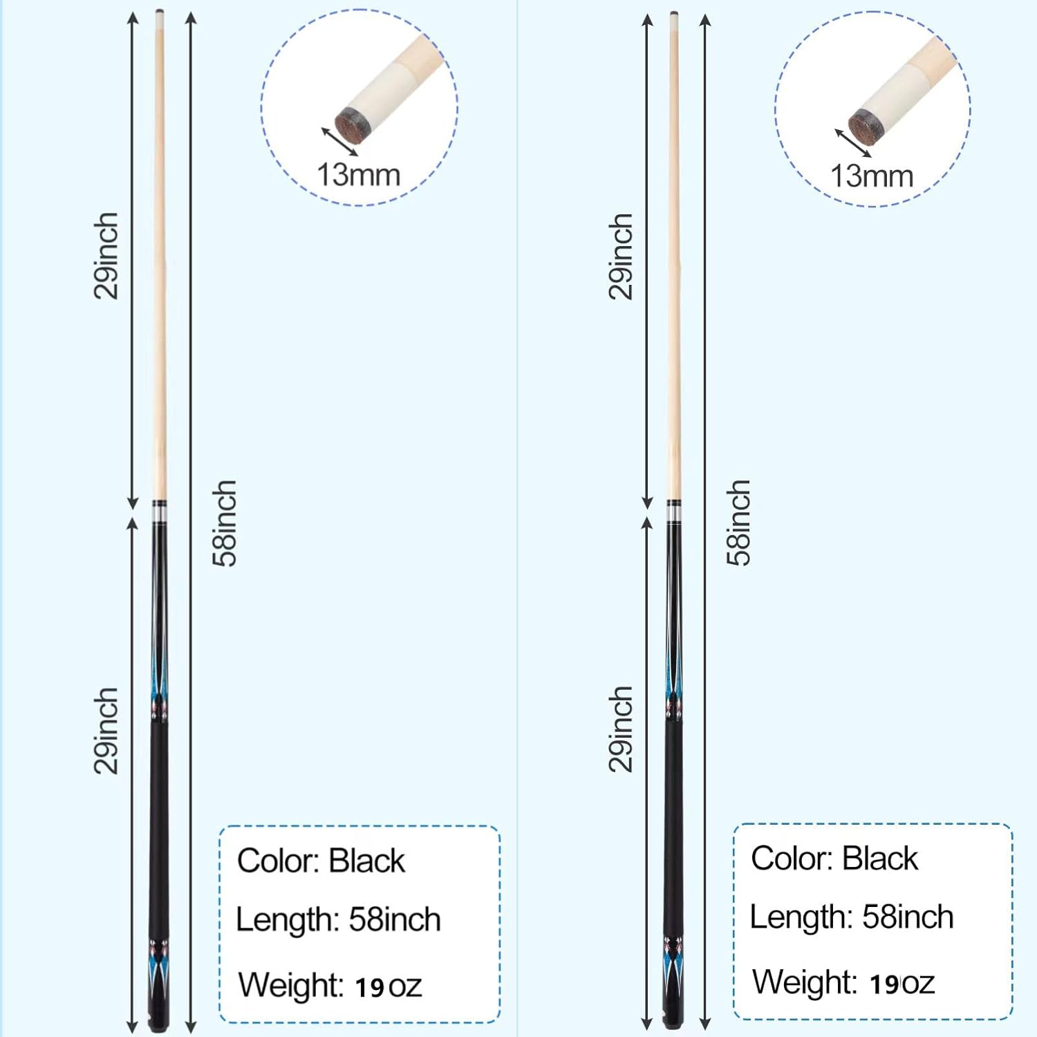 Sinsilvie 13mm 58 Pollici 19 20 Once Stecche Biliardo Pool,1/2 Maple Pool Cue Stick,Bastone da Biliardo da Bar per Uomini e Donne.