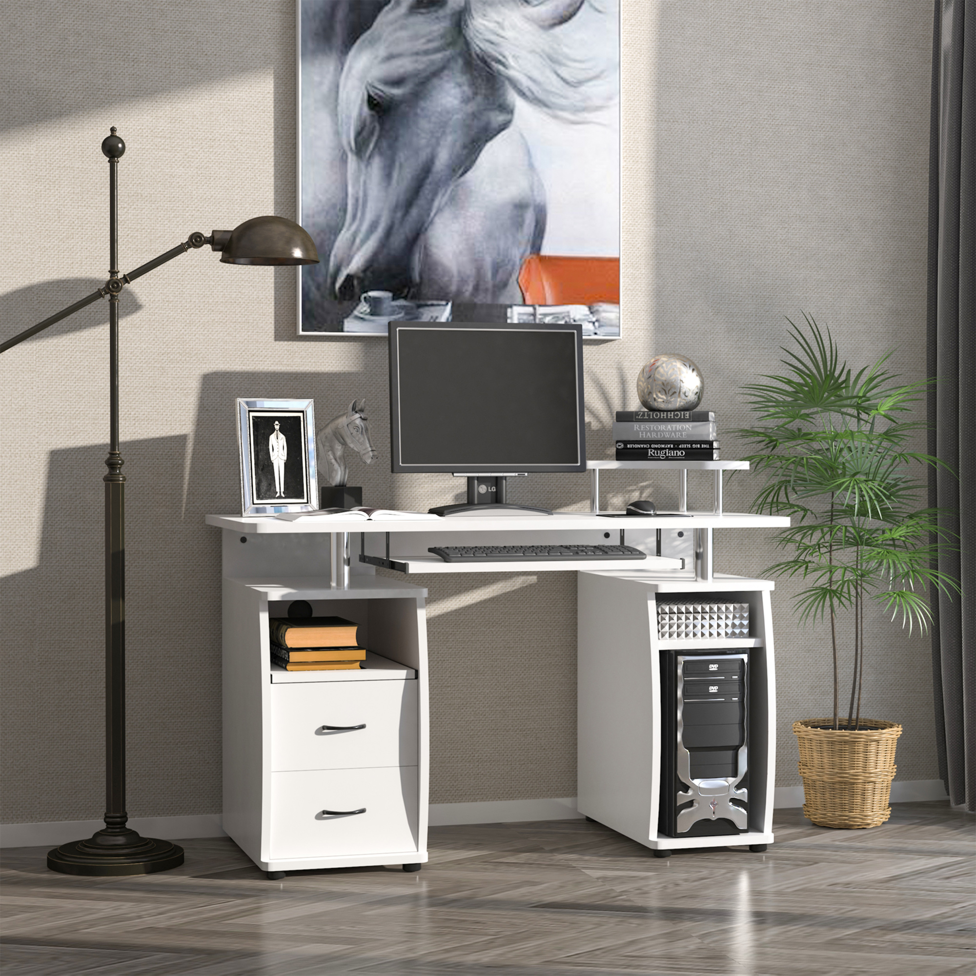 HOMCOM Computertisch Multimedia Mehrzweck Aufbewahrung 120L x 55B x 85H cm in weißem Holz
