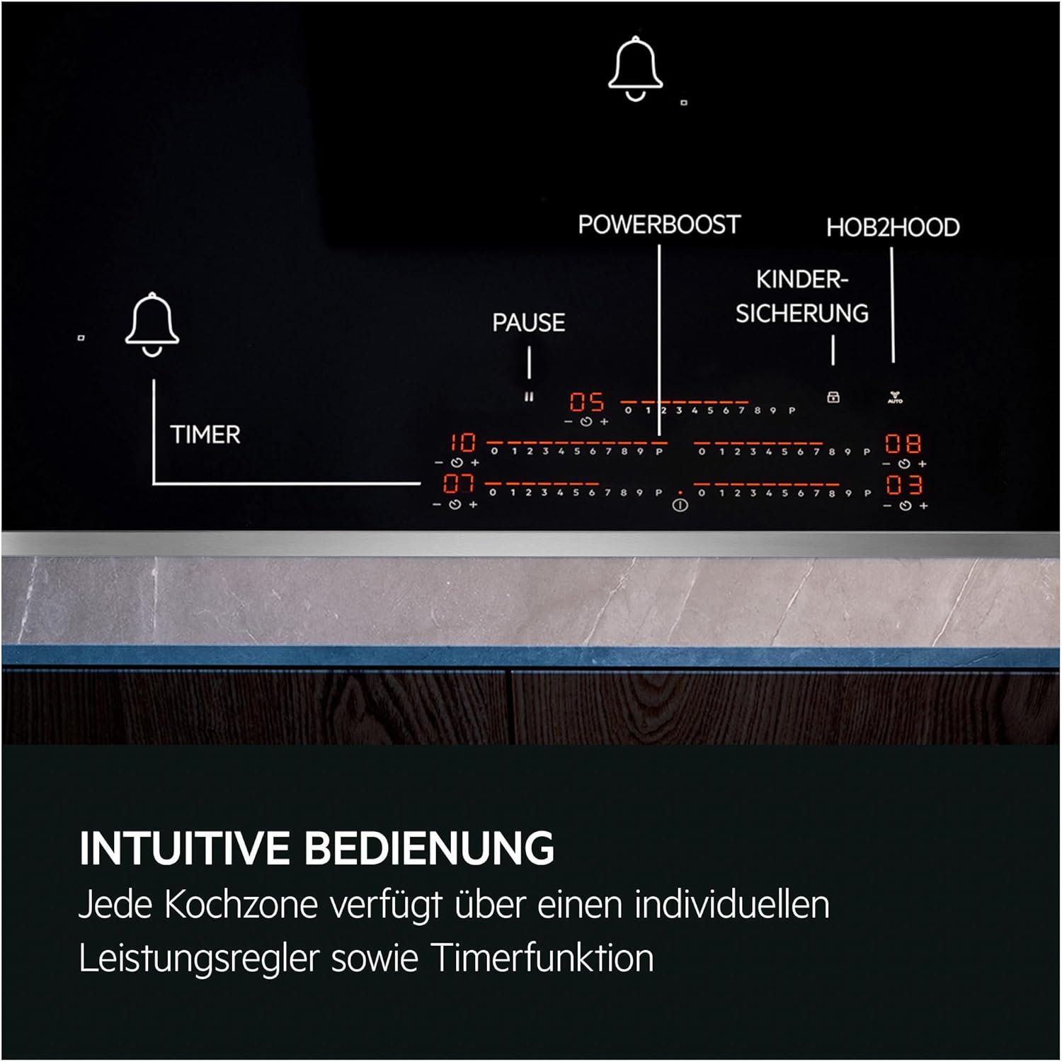 AEG Induktionskochfeld autark 80cm mit Dunstabzug / Made in Germany / 4 Flex-Kochzonen mit Bridge (Kombination 2er Zonen) / Auto-Funktion des Dunstabzugs / Aktivkohlefilter / COLI84COXB