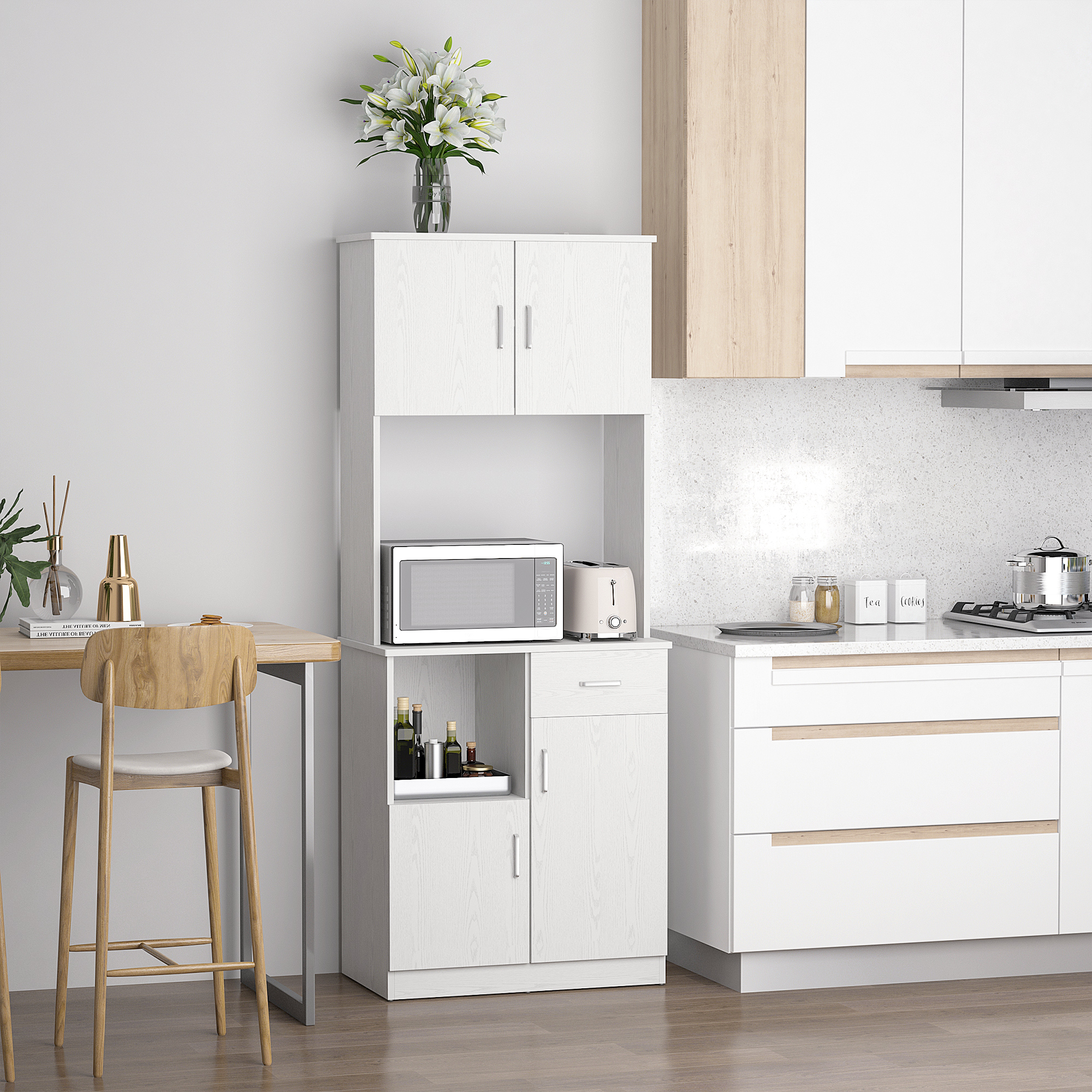 HOMCOM Küchenbuffet Küchenarmoire Mehrzweckschrank 4 Türen 1 Schublade Regal + große Arbeitsplatte 71 x 41 x 178 cm MDF Weiß