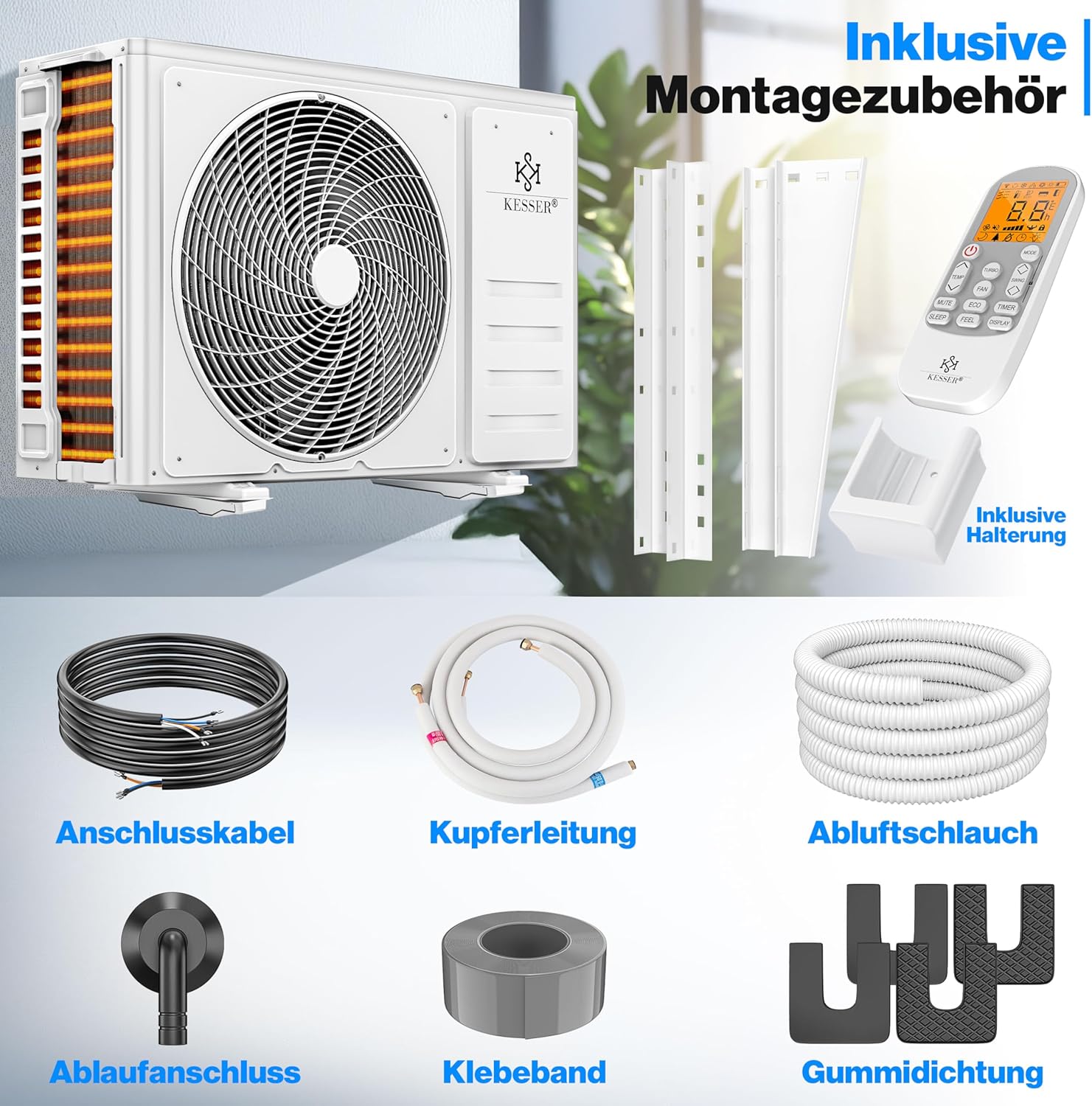 KESSER® Klimaanlage Set Split, WiFi/App Funktion Klimagerät, Kühlen A++/Heizen A+ -9000 BTU/h (2.600 W) sehr leise, Kältemittel R32, Fernbedienung, Timerfunktion, Montagematerial [Energieklasse A++]
