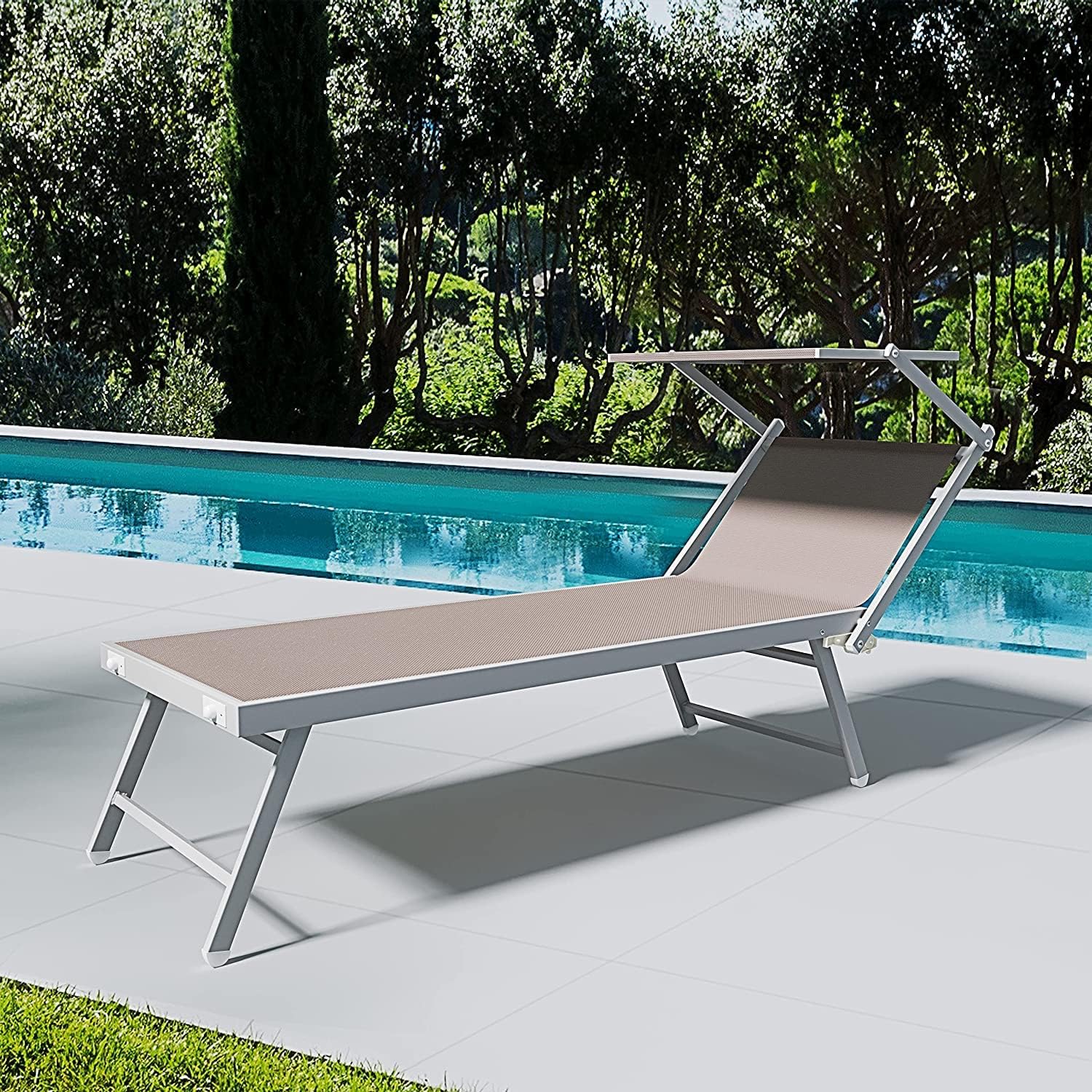 Coppia Di Lettini Prendisole 720 gr/m² Professionale Pieghevole In Alluminio Tettuccio Orientabile Parasole Lettino Prendi Sole Sdraio Mare Piscina Spiaggia Giardino 182 x 60 x 38 cm (Tortora)