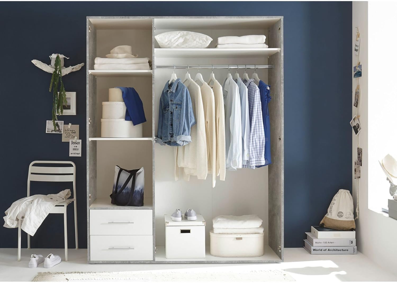 VALENCIA White Concrete Effect Wardrobe with 3 Doors Very Large Capacity Versatile with Hinged Doors for Your Bedroom, 155 x 195 x 60 cm, W x H x D