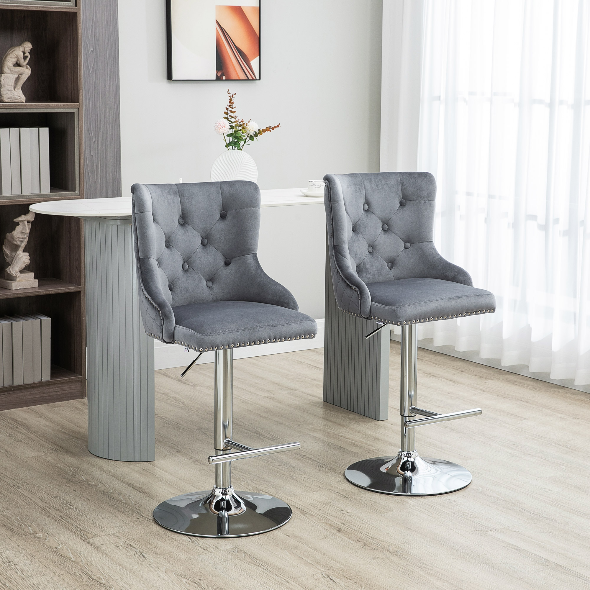 HOMCOM Barhocker, Sitzhocker, 2er-Set, höhenverstellbar, drehbarer Sitz, Fußstütze, Stahl, grau, 46 x 55 x 123cm