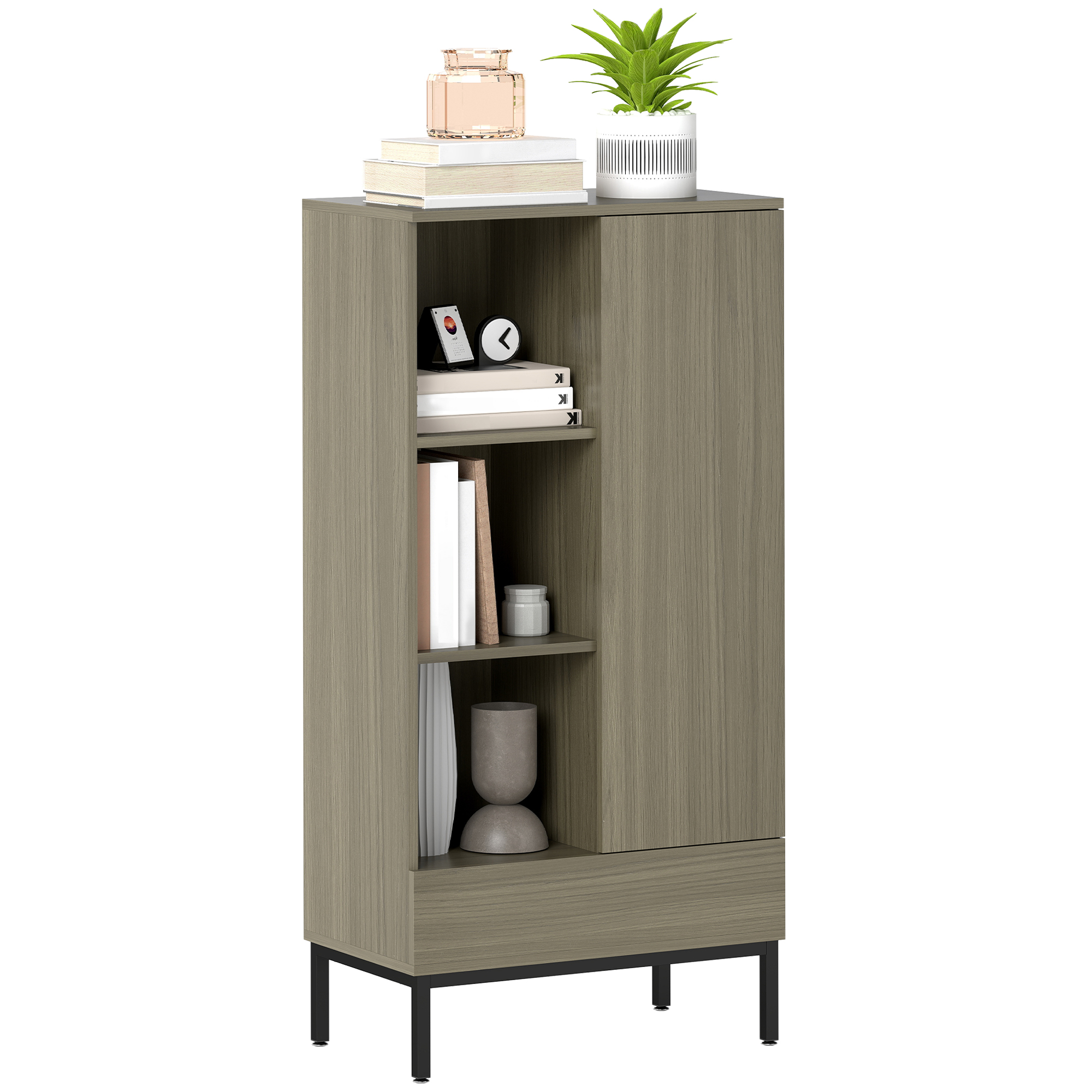 HOMCOM Aparador für Wohnzimmer Modern mit Tür Schublade Verstellbares Regal und 3 offenen Fächern 60x34x121 cm Natürlich