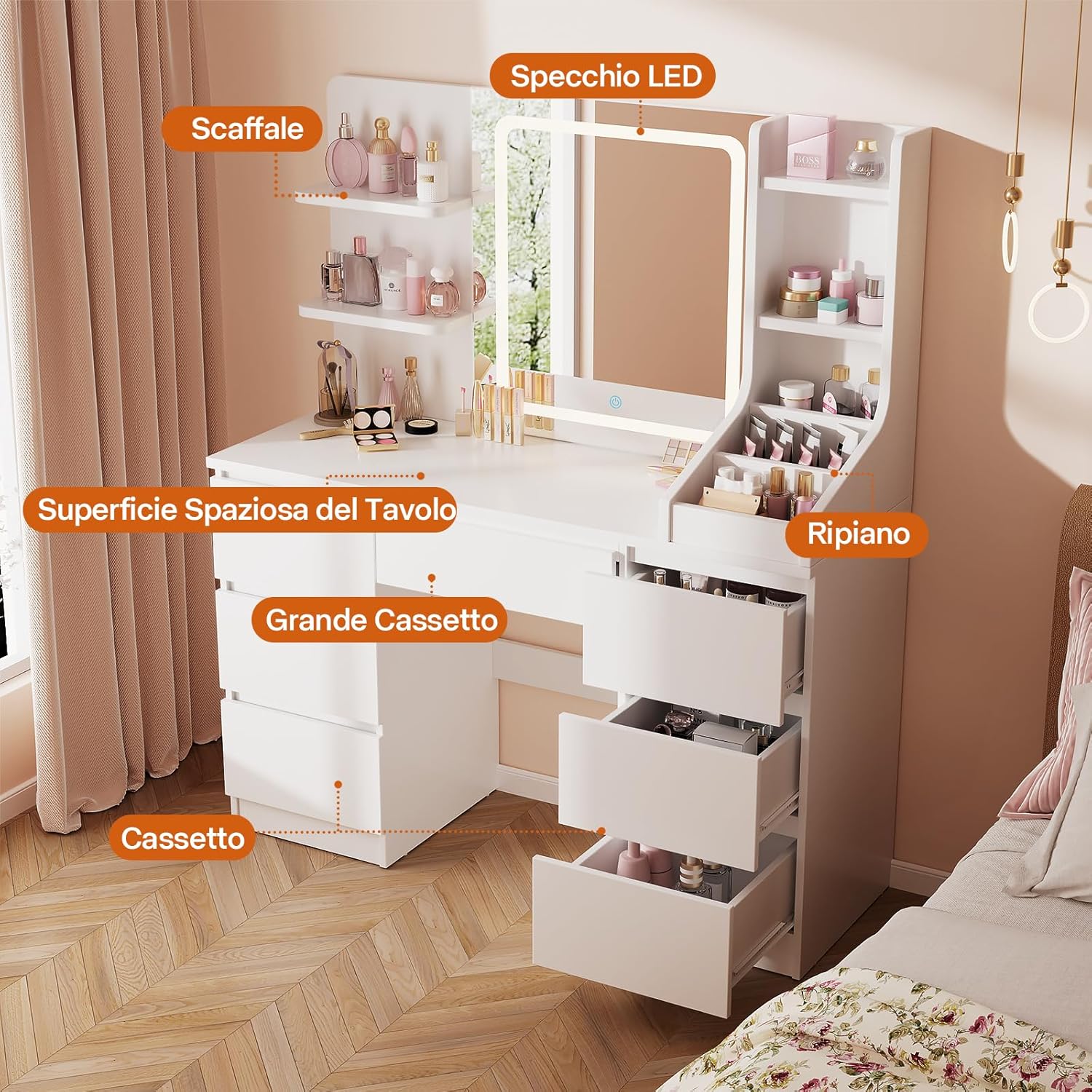 Airfish Make-up Vanity with LED Lights, Adjustable Brightness, Makeup Table with Mirror, Makeup Desk with 7 Drawers, 4 Open Shelves for the Bedroom (White)