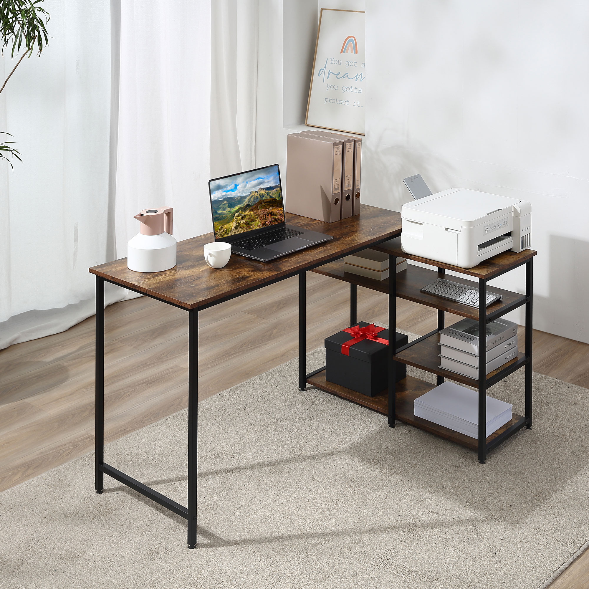 HOMCOM Eckschreibtisch Winkelschreibtisch PC-Tisch Computertisch Bürotisch Regal Schublade L-Form Spanplatte Metall Rustikales Braun 135 x 90 x 79 cm