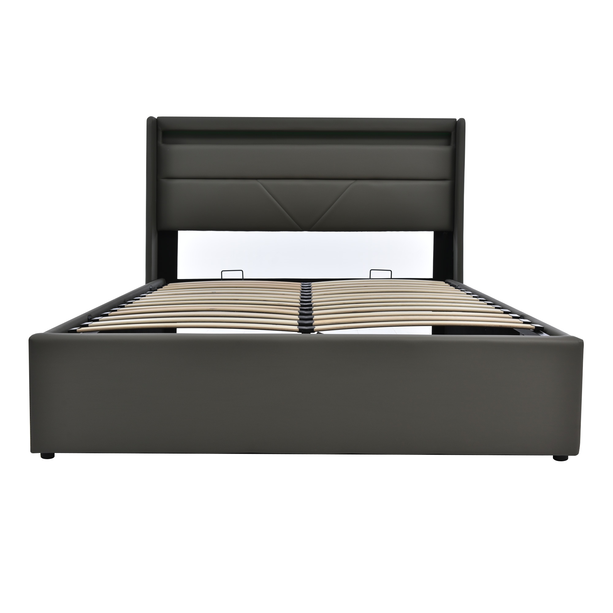 Hydraulisches Doppelbett mit LED und Fernbedienung, Gepolstertes Gestell mit Stauraum 140x200 cm, Grau