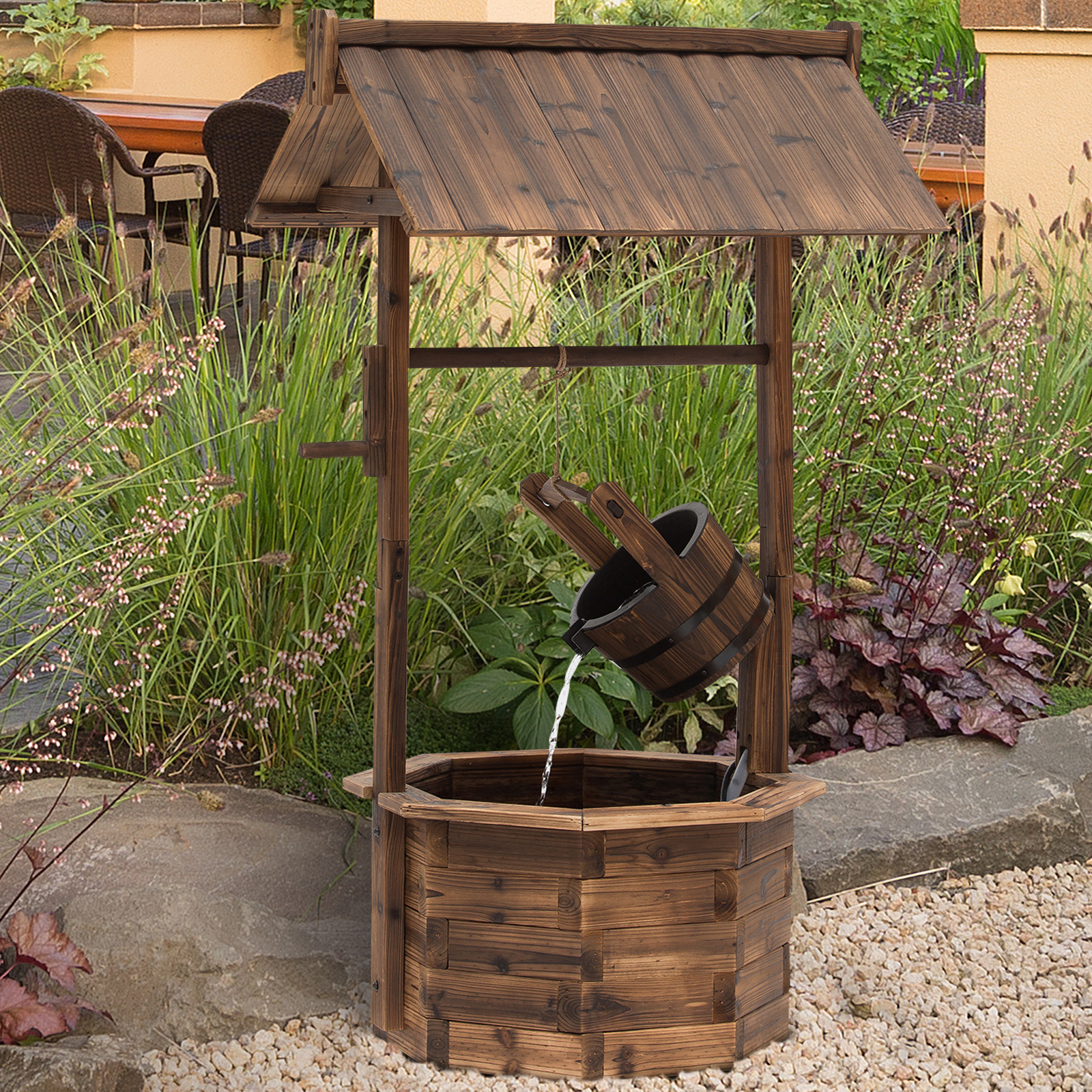 Outsunny Gartenbrunnen, Zierbrunnen, Springbrunnen, Wasserfall, Regulierbar, Massivholz, Braun, 68 x 57 x 118 cm