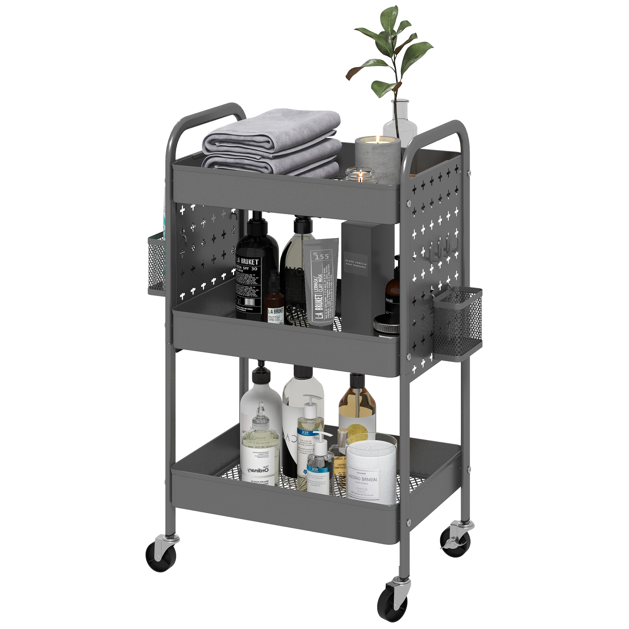 HOMCOM Mehrzweckwagen Rollwagen Küchenwagen, 3 Regale, 4 Rollen, 53,5 cm x 30,5 cm x 75 cm, Grau